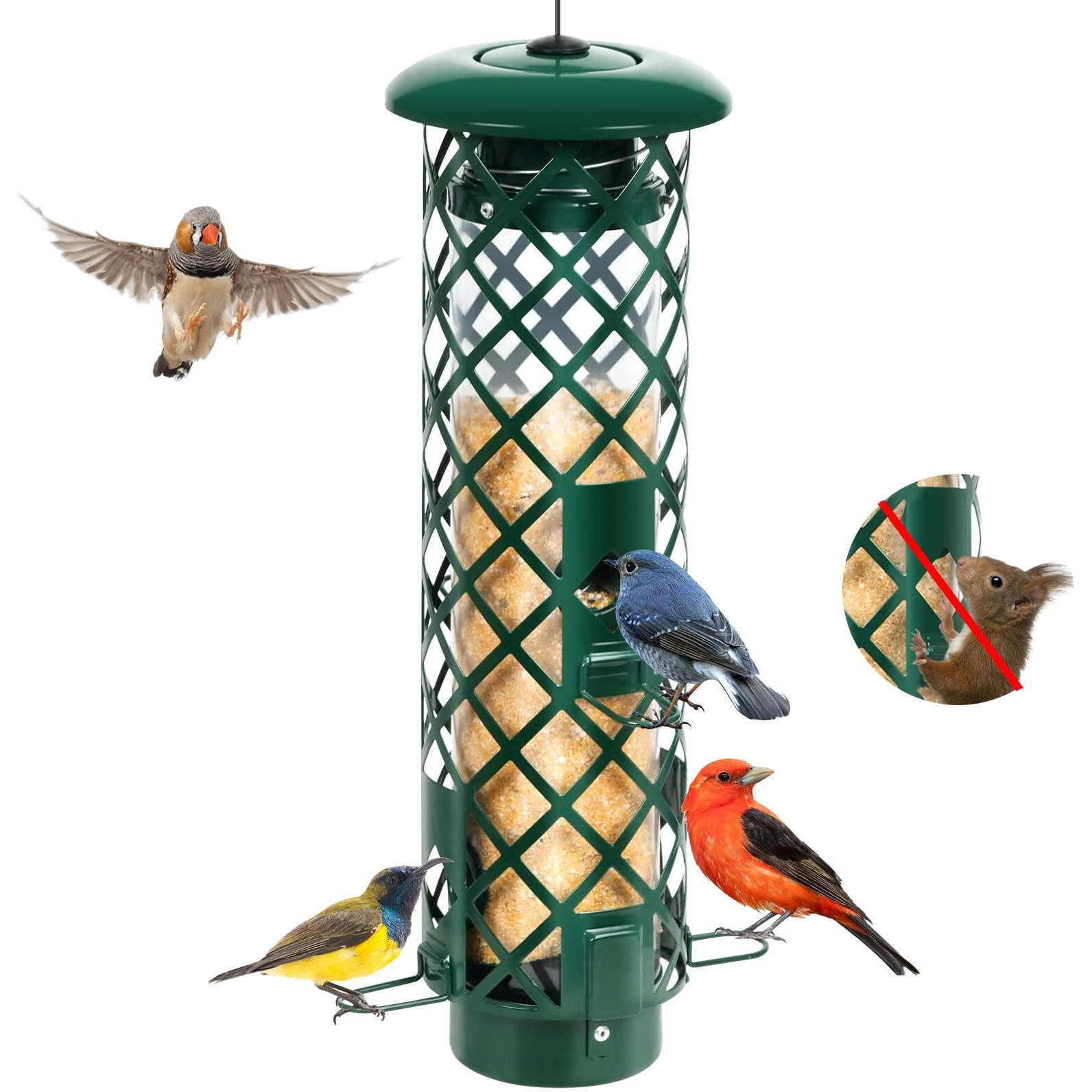 Squirrel Proof Bird Feeders Outside Metal Bird Feeder For Outdoors Hanging Squirrel-Proof Weight Activated Wild Bird Feeder 3 Lb Capacity Tube Mesh Birdfeeder For Cardinal Finch Chickadee