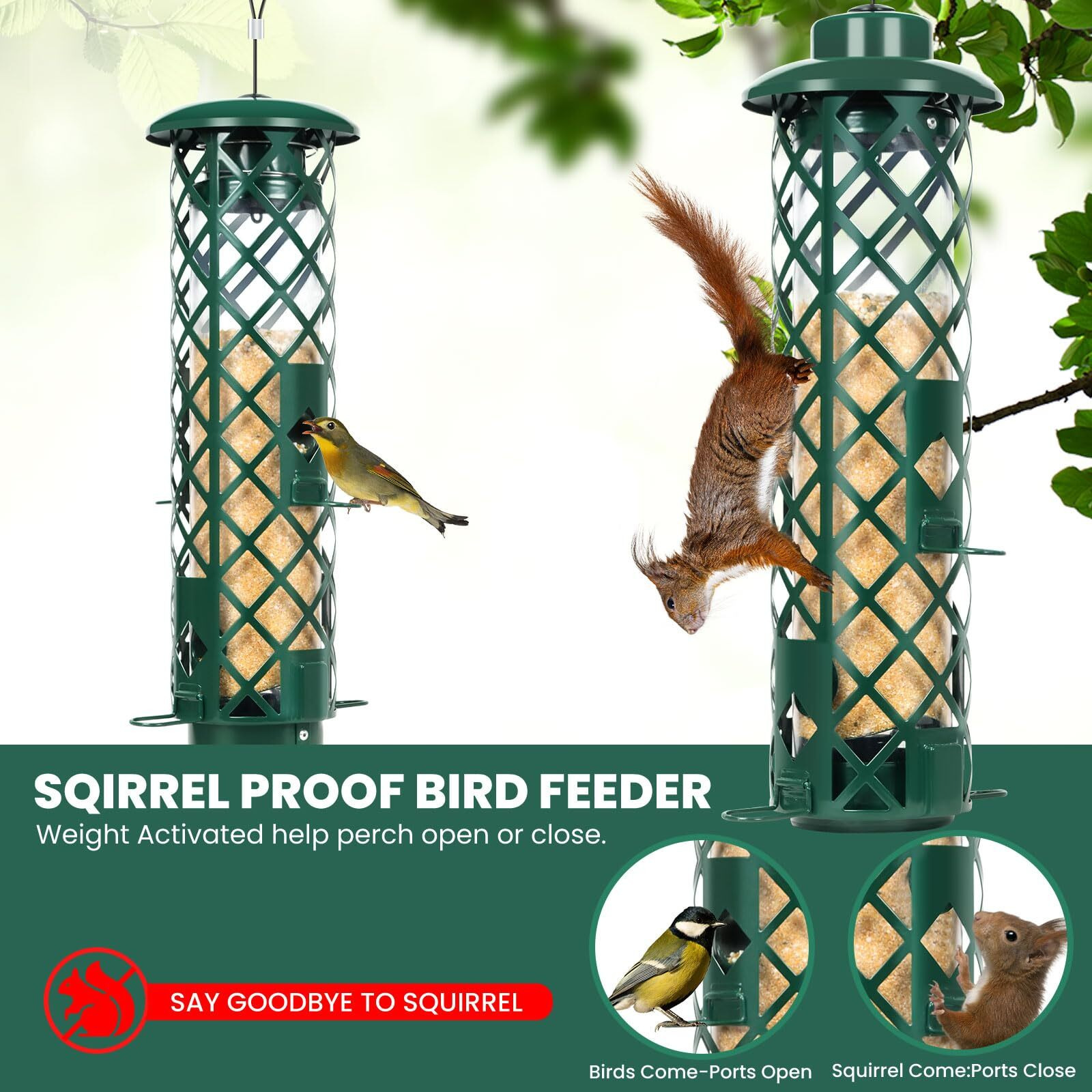 Squirrel Proof Bird Feeders Outside Metal Bird Feeder For Outdoors Hanging Squirrel-Proof Weight Activated Wild Bird Feeder 3 Lb Capacity Tube Mesh Birdfeeder For Cardinal Finch Chickadee
