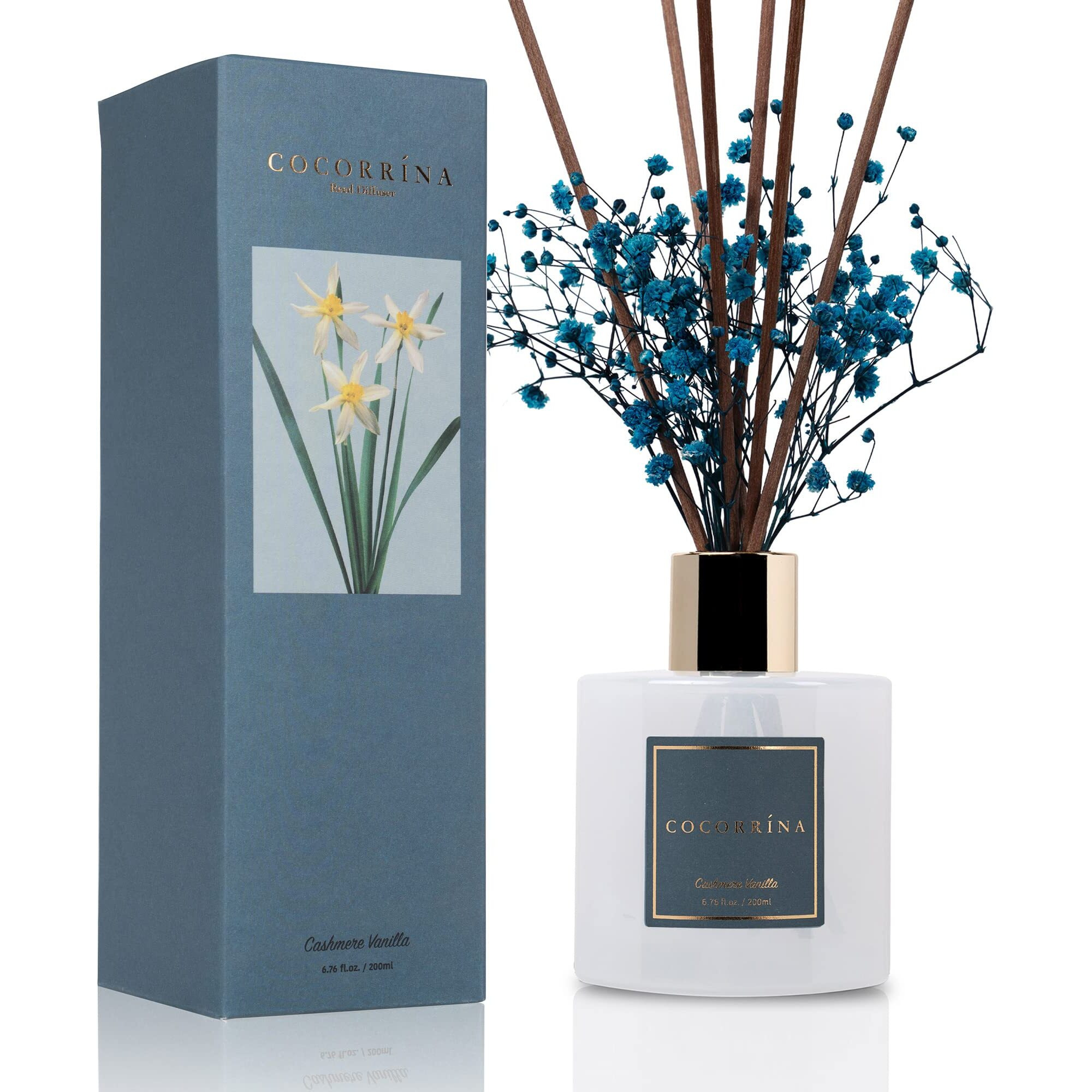 CocorrNa Premium Reed Diffuser Set With Preserved Baby's Breath & Cotton Stick Cashmere Vanilla | 6.7Oz Scent Fragrance Oil Diffuser For Bedroom Bathroom Home DCor