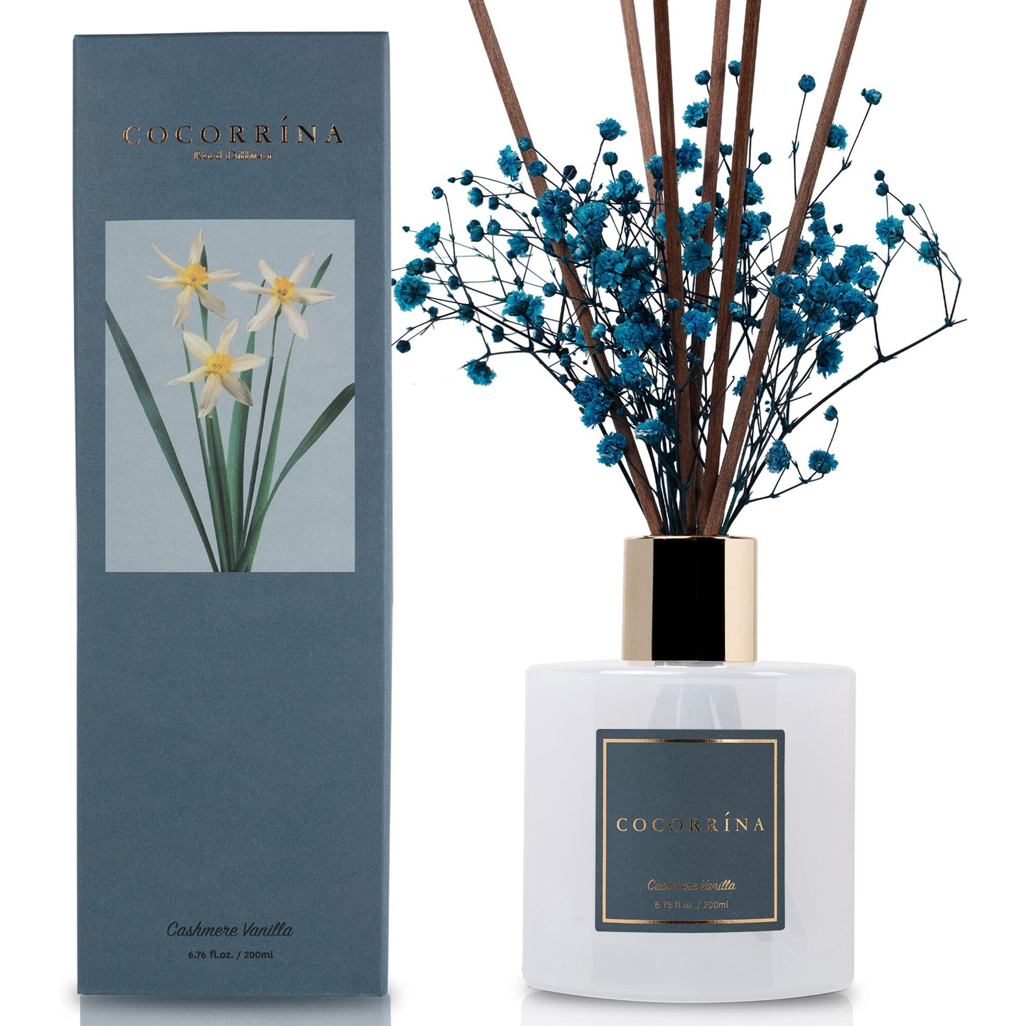 CocorrNa Premium Reed Diffuser Set With Preserved Baby's Breath & Cotton Stick Cashmere Vanilla | 6.7Oz Scent Fragrance Oil Diffuser For Bedroom Bathroom Home DCor