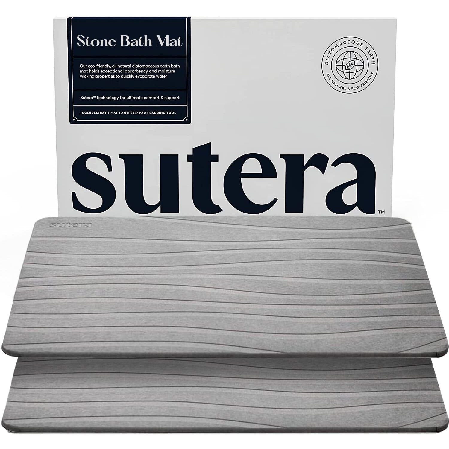 Sutera - Stone Bath Mat  Diatomaceous Earth Shower Mat  Non-Slip Super Absorbent Quick Drying Bathroom Floor Mat  Natural  Easy To Clean (23.5 X 15 Gray  2 Pack)