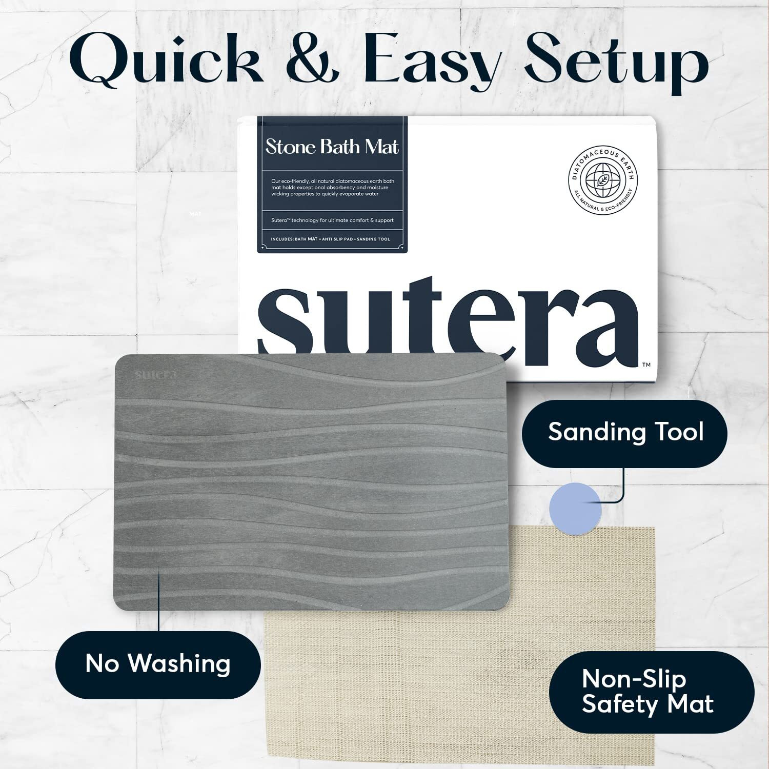 Sutera - Stone Bath Mat  Diatomaceous Earth Shower Mat  Non-Slip Super Absorbent Quick Drying Bathroom Floor Mat  Natural  Easy To Clean (23.5 X 15 Gray  2 Pack)