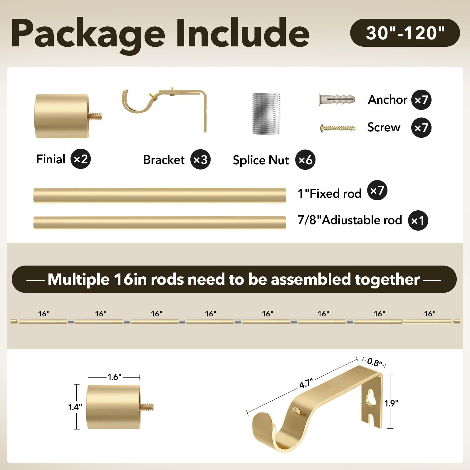 Ifels Heavy Duty Curtain Rods For Windows 66 To 120 Inch  1 Inch Gold Curtain Rods For Outdoor  Farmhouse  Bedroom  Kitchen  Living Room  Adjustable Easy Install Curtain Rods (A2 Gold 30""-120"")