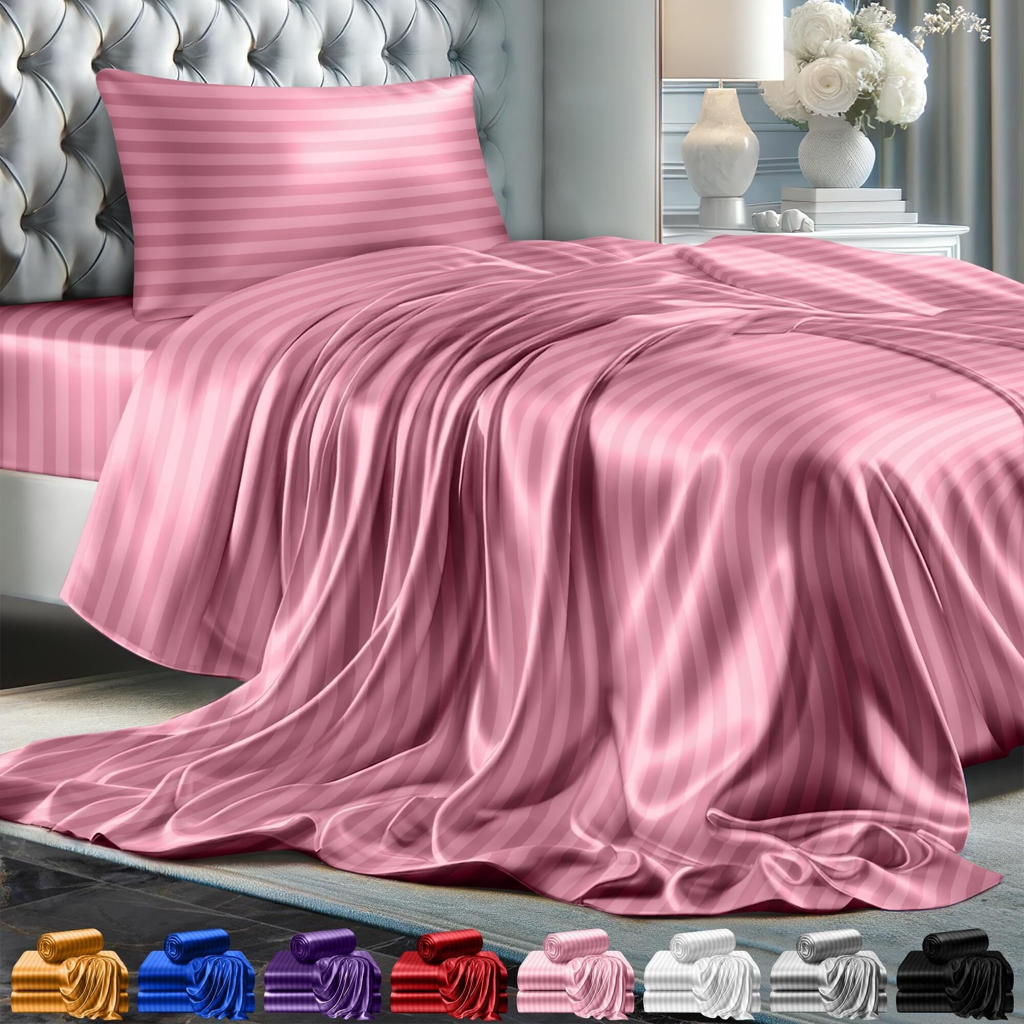 Decolure Striped Satin Sheet Queen Set 4Pc - Luxurious Silk Feel Sheets Queen - All-Season Satin Silky Soft Queen Size Satin Bed Sheets W/Deep Pocket Fitted Sheet  Flat Sheet And Pillowcase (Pink)