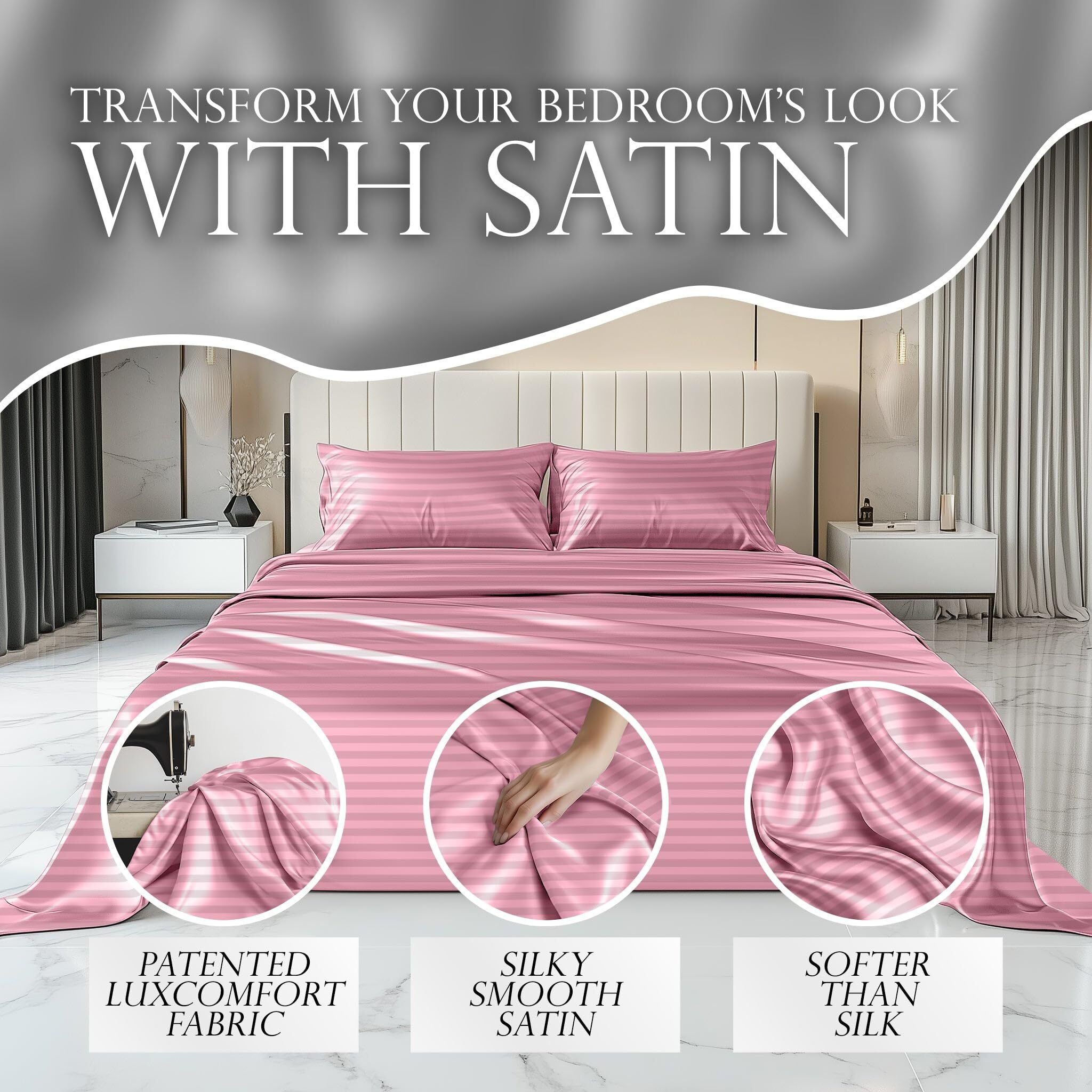 Decolure Striped Satin Sheet Queen Set 4Pc - Luxurious Silk Feel Sheets Queen - All-Season Satin Silky Soft Queen Size Satin Bed Sheets W/Deep Pocket Fitted Sheet  Flat Sheet And Pillowcase (Pink)