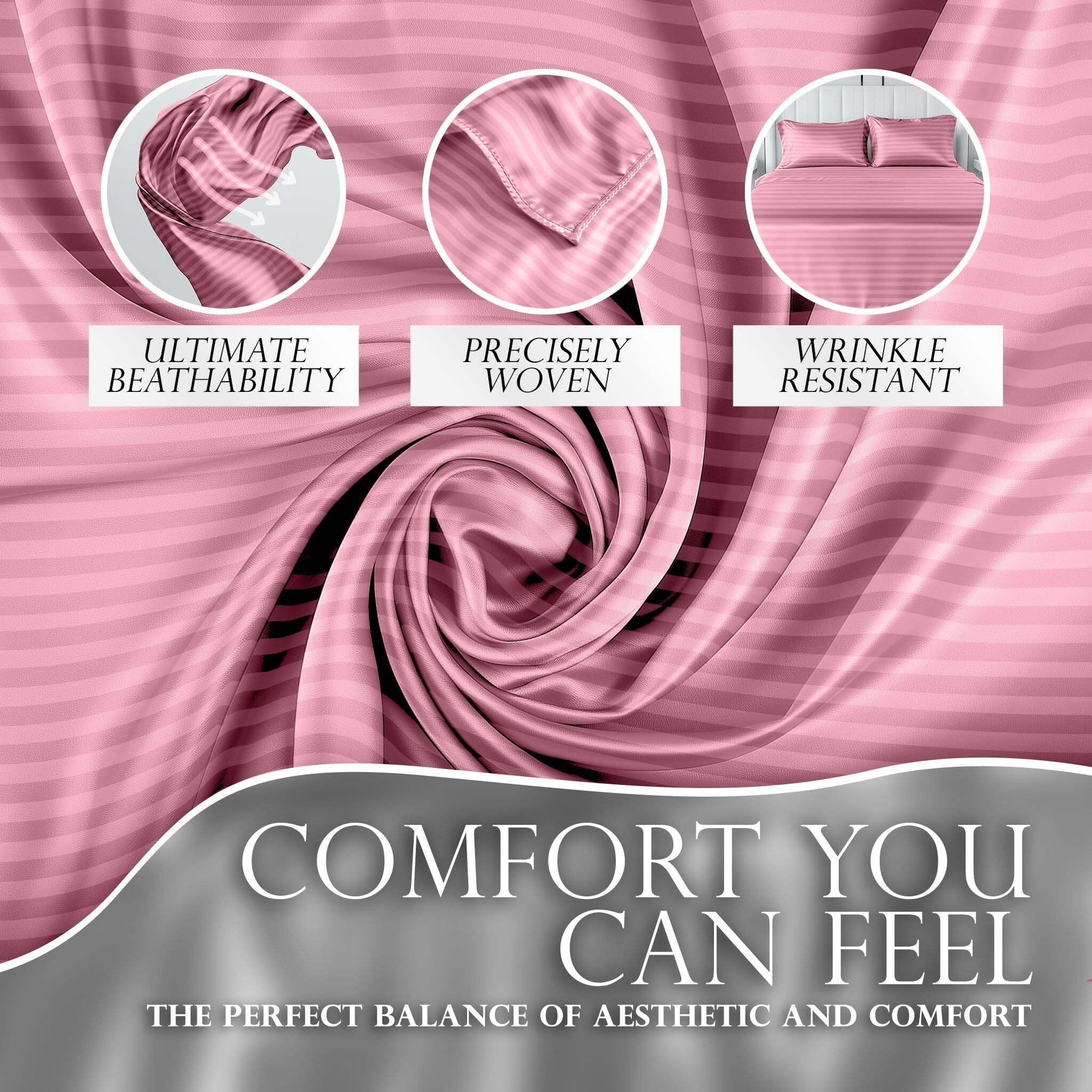 Decolure Striped Satin Sheet Queen Set 4Pc - Luxurious Silk Feel Sheets Queen - All-Season Satin Silky Soft Queen Size Satin Bed Sheets W/Deep Pocket Fitted Sheet  Flat Sheet And Pillowcase (Pink)