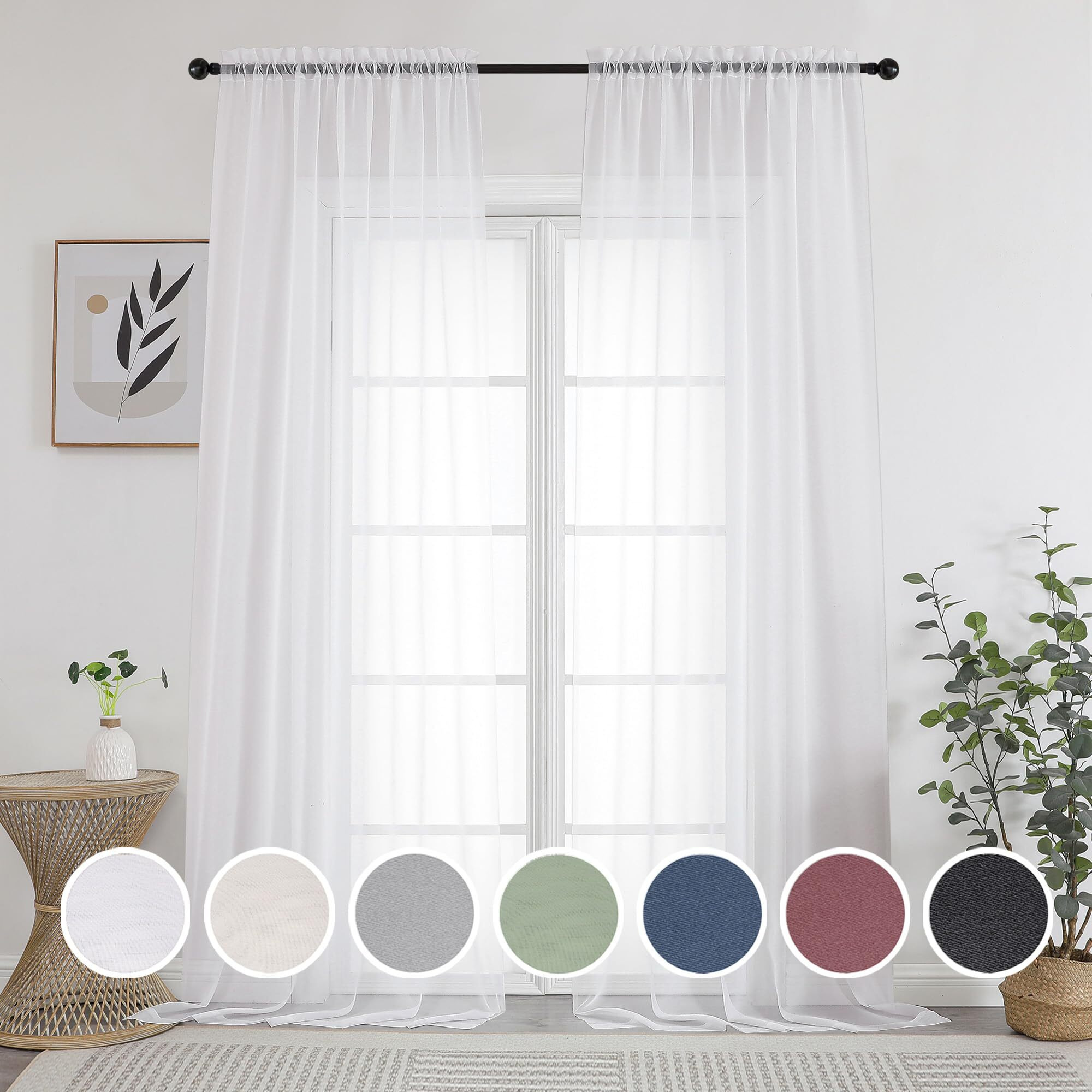Owenie Sheer Curtain  120 Inches Long  White  Rod Pocket  Polyester  2 Panels  For Living Room And Bedroom