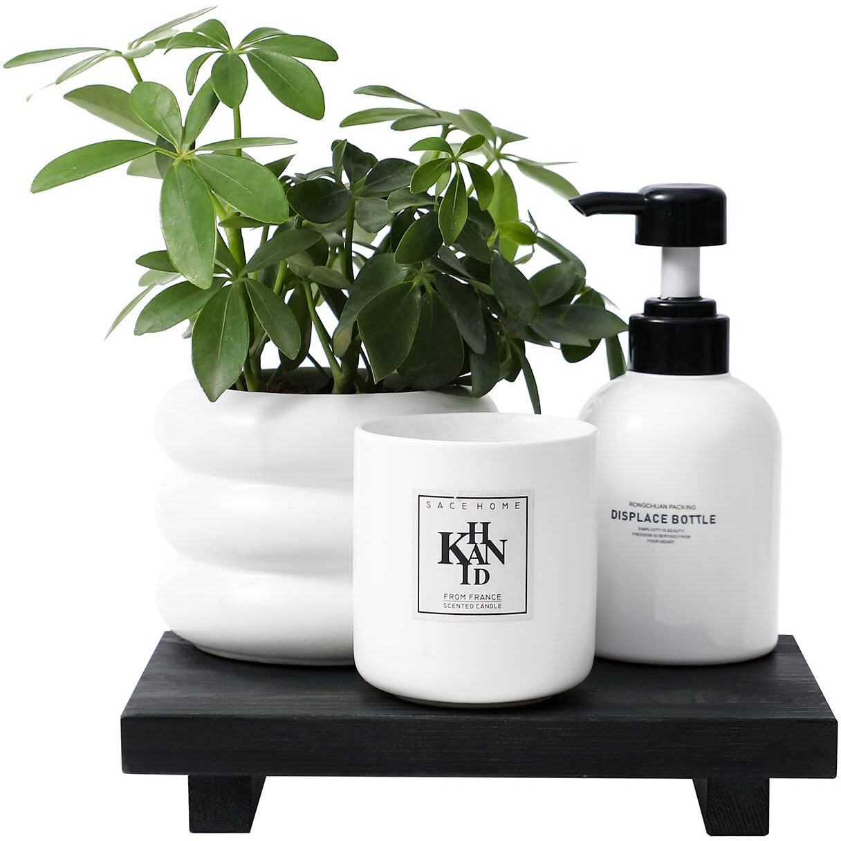 Bathroom Counter Organizer Wood Pedestal Stand Farmhouse Decorative Tray Soap Holder For Kitchen Decor  9"" X 6"" - Black