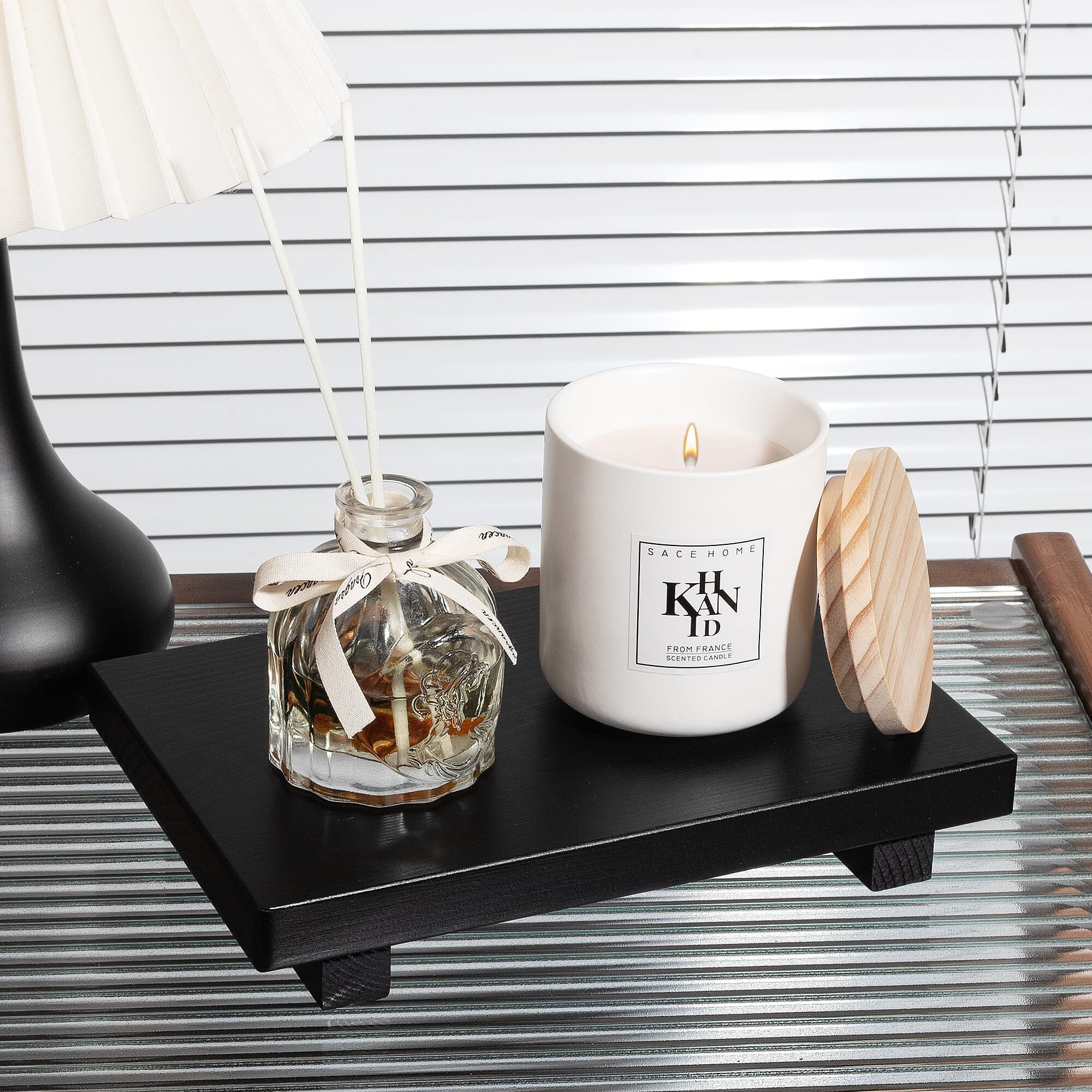 Bathroom Counter Organizer Wood Pedestal Stand Farmhouse Decorative Tray Soap Holder For Kitchen Decor  9"" X 6"" - Black