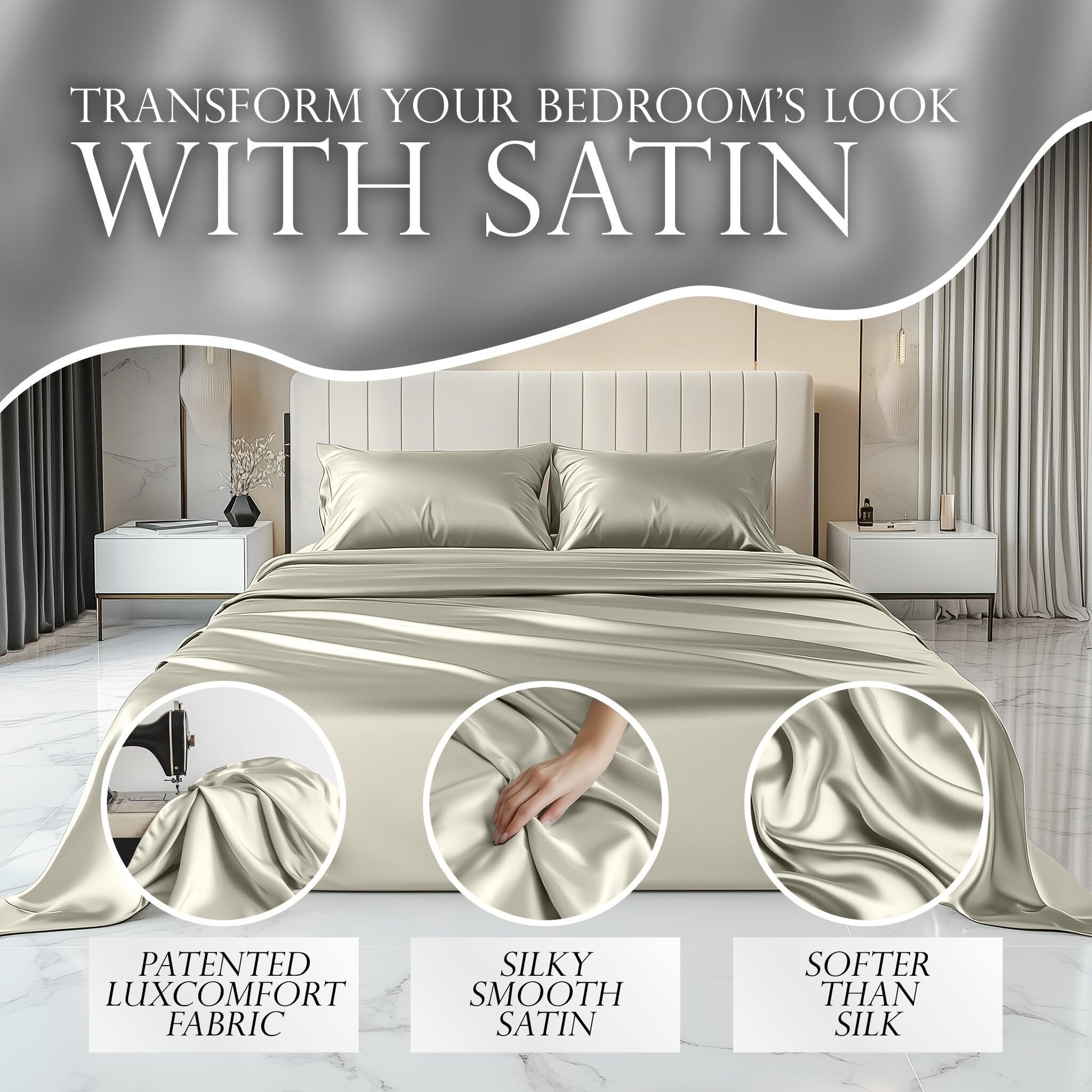 Decolure Satin Sheets King Size Set 4 Pcs - Silky & Luxuriously Soft Satin Bed Sheets W/ 15 Inch Deep Pocket - Similar To Silk Sheets - Double Stitching  Wrinkle Free (Ivory)