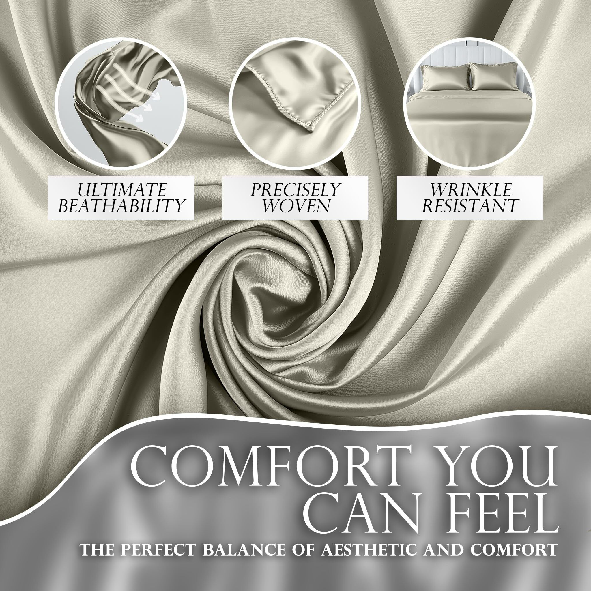 Decolure Satin Sheets King Size Set 4 Pcs - Silky & Luxuriously Soft Satin Bed Sheets W/ 15 Inch Deep Pocket - Similar To Silk Sheets - Double Stitching  Wrinkle Free (Ivory)