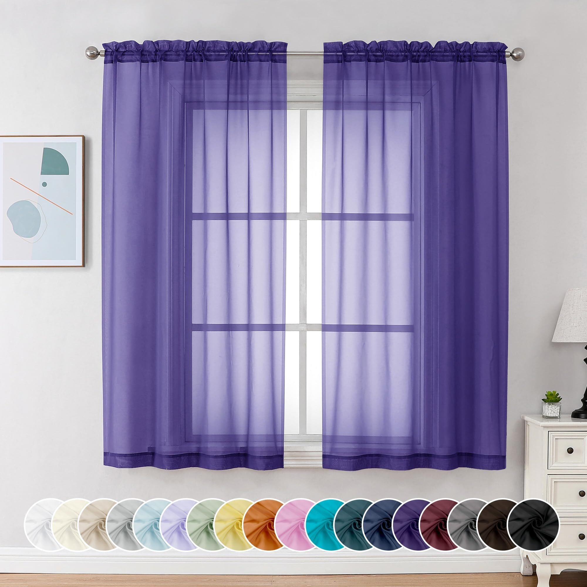 Chyhomenyc Purple Sheer Curtains 54 Inch Long 2 Panels  Light Filtering Rod Pocket Voile Short Curtains Drapes For Living Room Bedroom Small Windows  42Wx45L Inches