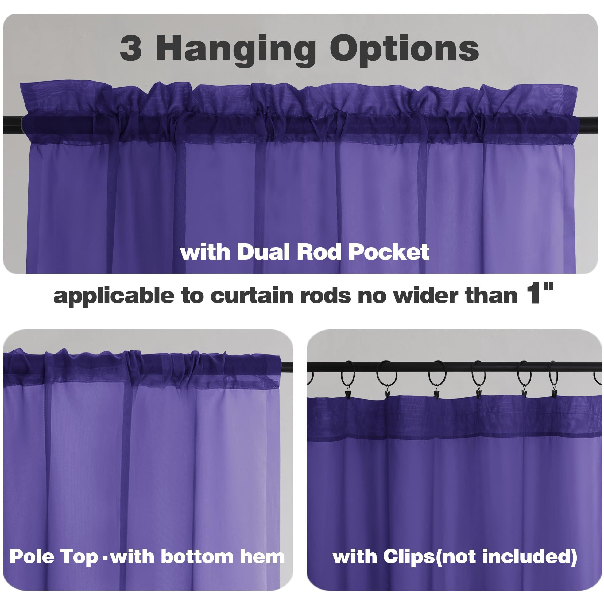 Chyhomenyc Purple Sheer Curtains 54 Inch Long 2 Panels  Light Filtering Rod Pocket Voile Short Curtains Drapes For Living Room Bedroom Small Windows  42Wx45L Inches