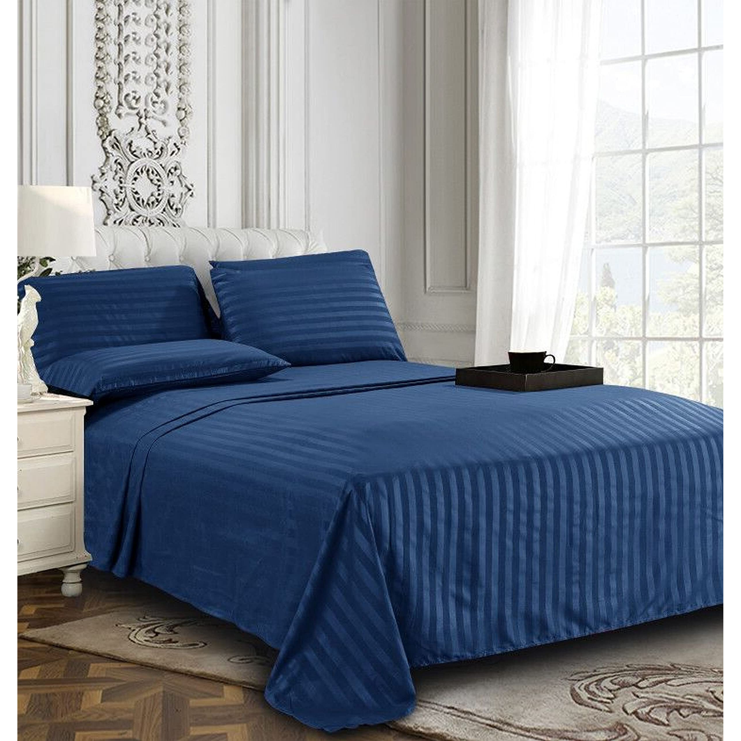 Elegant Comfort Best  Softest  Coziest 6-Piece Sheet Sets - 1500 Premier Hotel Quality Luxurious Wrinkle Resistant 6-Piece Damask Stripe Bed Sheet Set  Queen Navy Blue