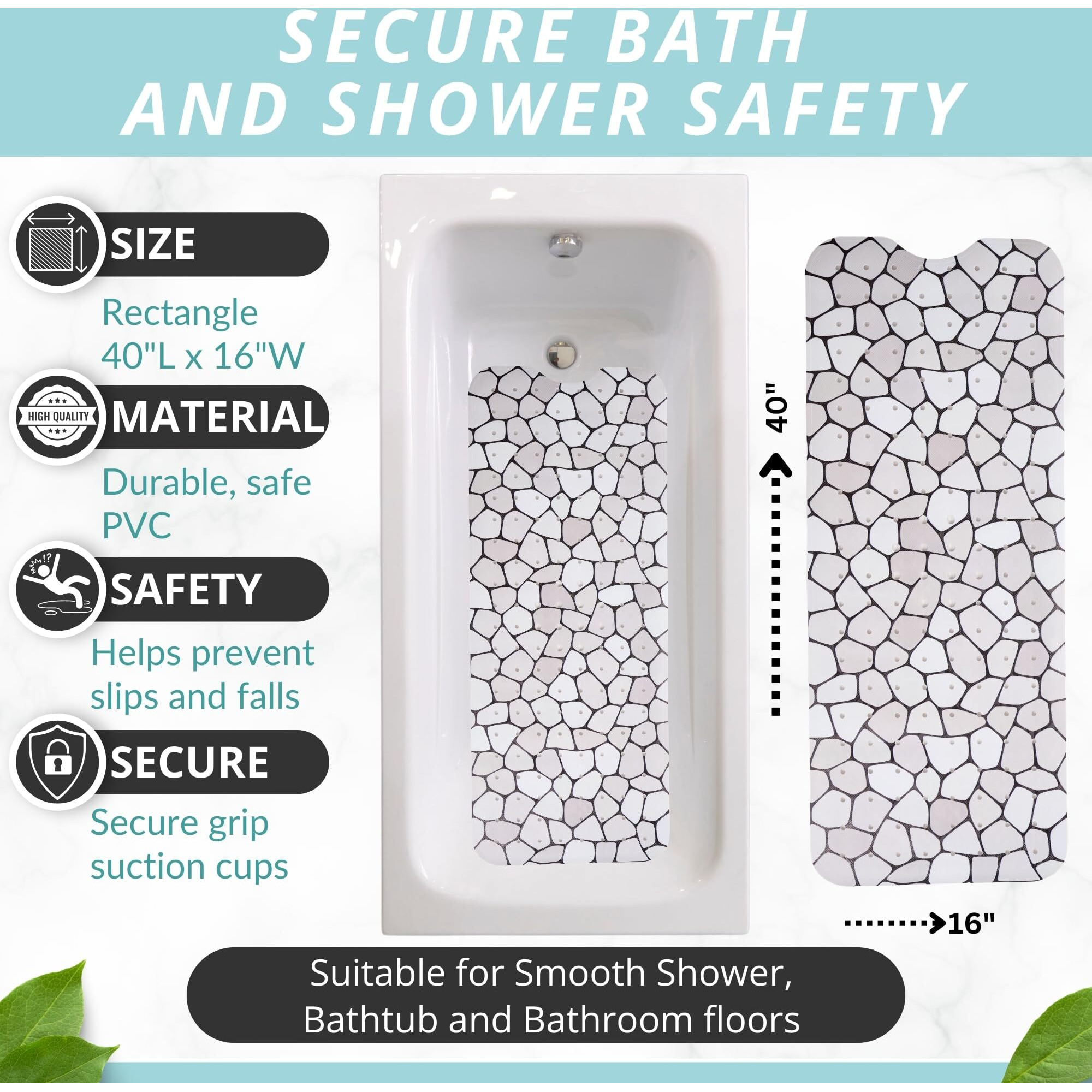 Non Slip Mat For Bathtut - Shower Matt - Non Slip Shower Mats - Rubber Bath Mat - Long Bath Mat - Bathtub Non Slip Mat - Bath Mats For Bathroom Tub - Anti Slip Bathtub Mat(Pebble Bath 40X16)