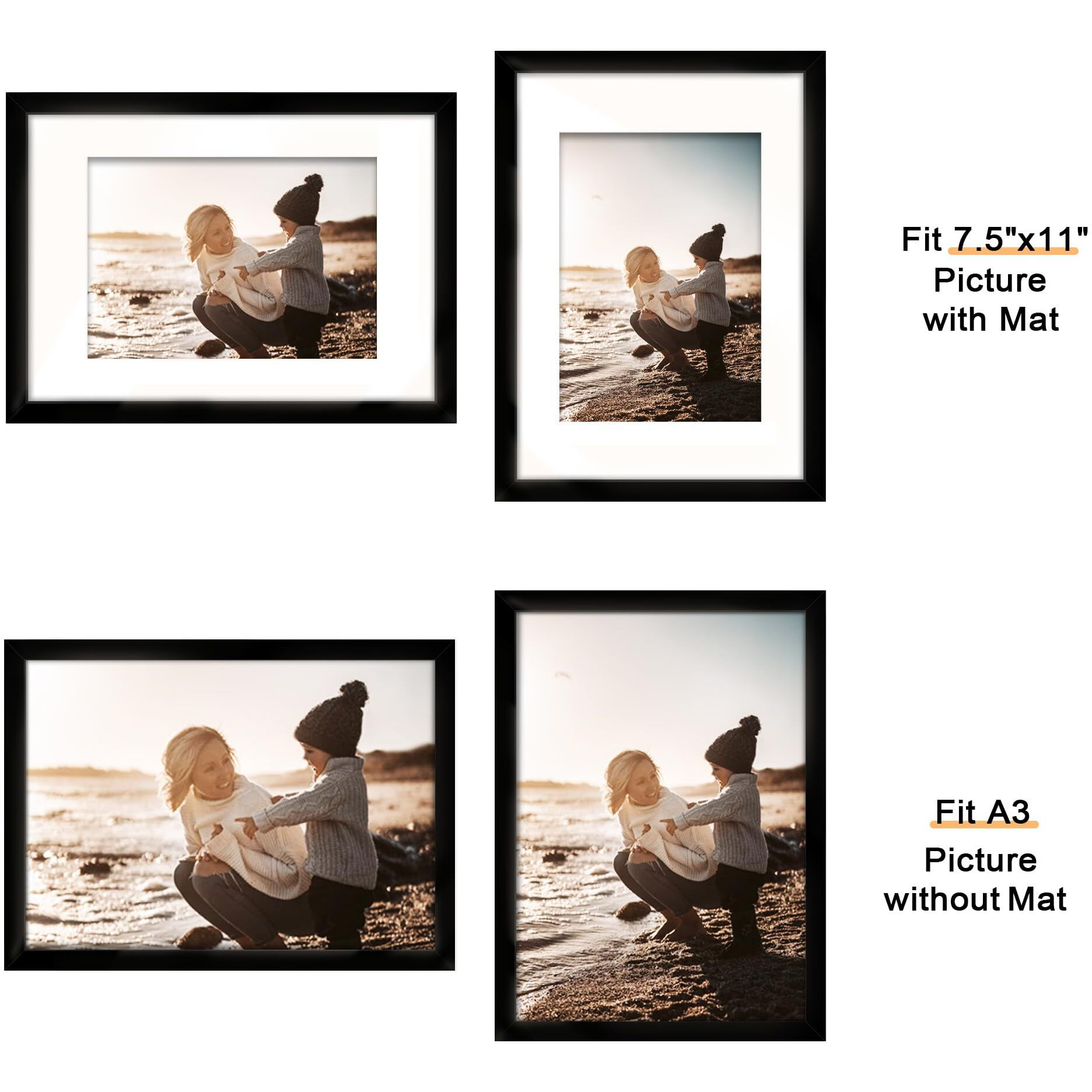 Picrit A3 Picture Frame Set Of 12  Display 8X11.5 With Mat Or 11.7X16.5 Without Mat  Photo Frames For Wall Mounting Display  Black.