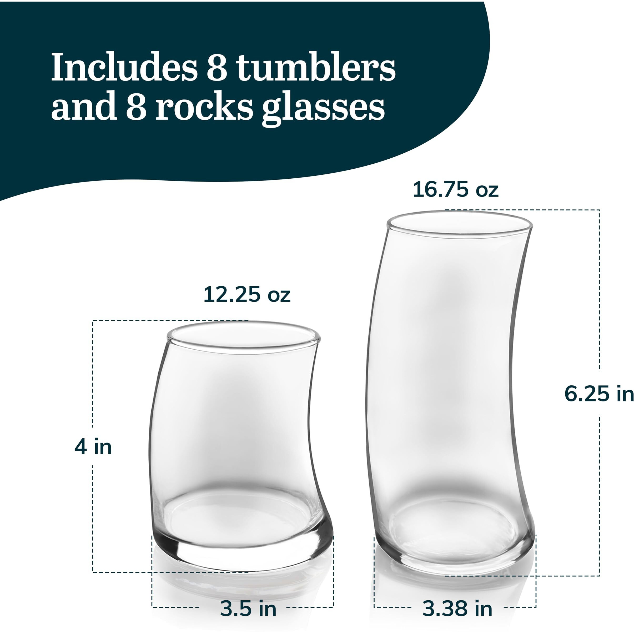 Libbey Swerve Drinking Glasses Set Of 16  Dishwasher Safe  Chip Resistant Everyday Drinking Glasses  Fun And Edgy Set Of Glasses For Special Events