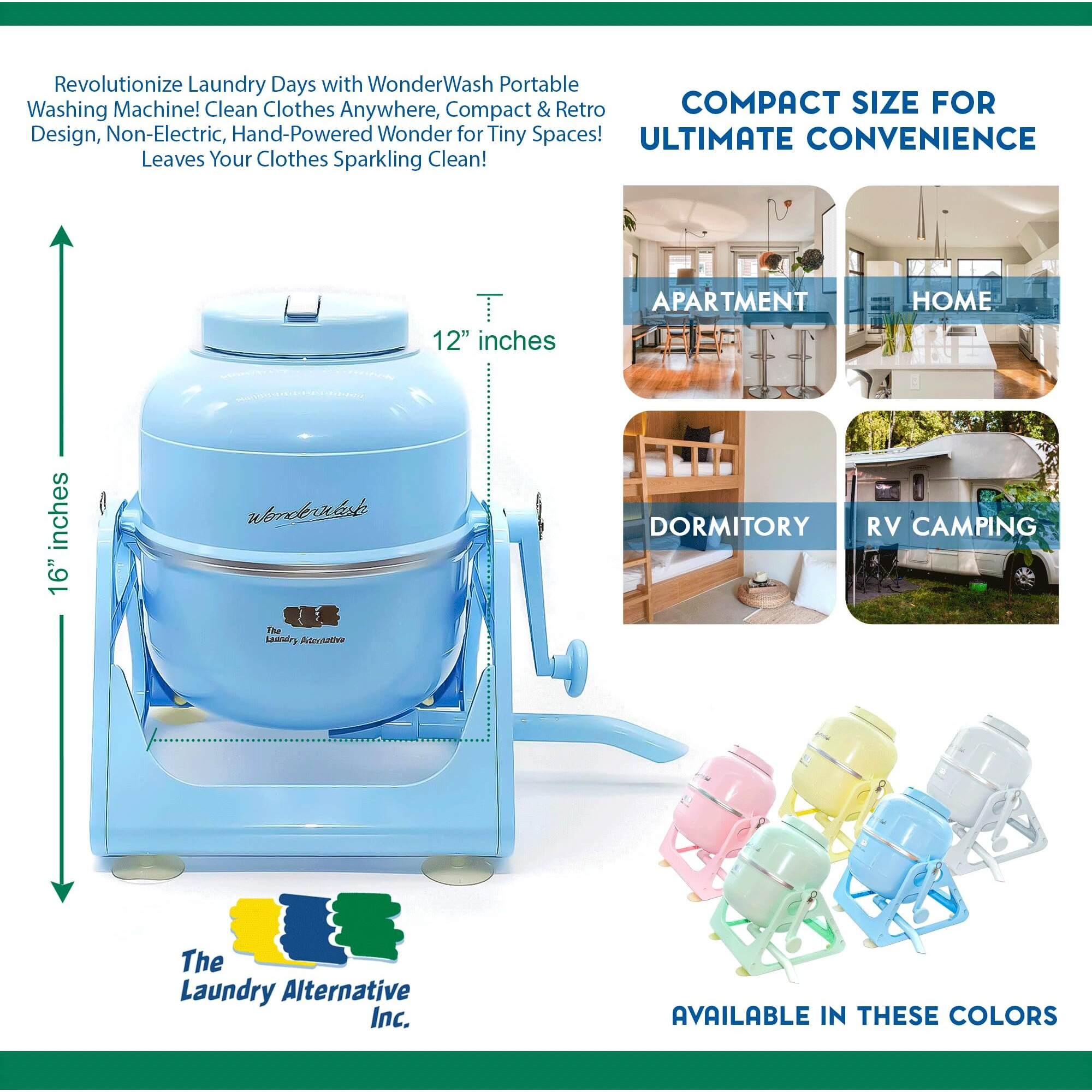 Wonderwash Portable Washing Machine For Apartment & Tiny Spaces - Manual Hand Clothes Washer With Retro Design - Clean Laundry Anywhere With Our Countertop  Non-Electric  Small Washer - Blue