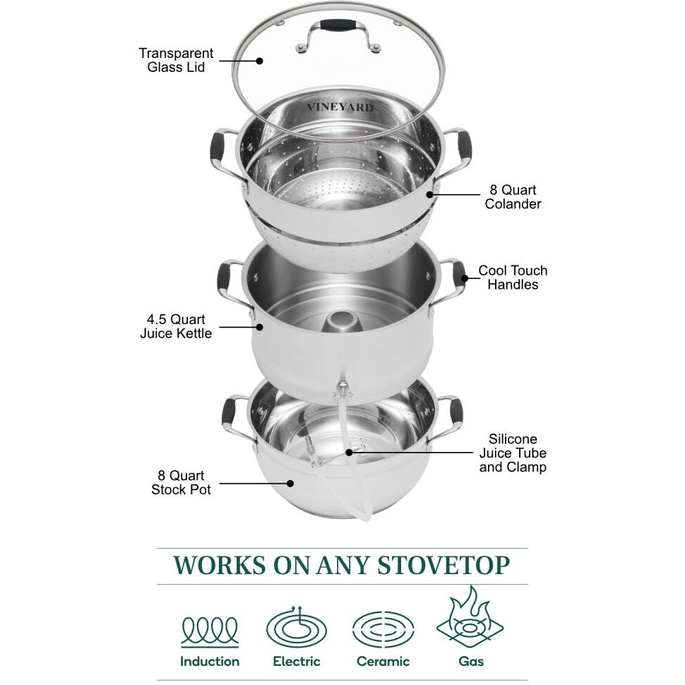 Vineyard Deluxe Stainless Steel Steam Juicer & Roaster Set - Induction Friendly  Tempered Glass Lid  Cool-Touch Handles  8 Quart Capacity