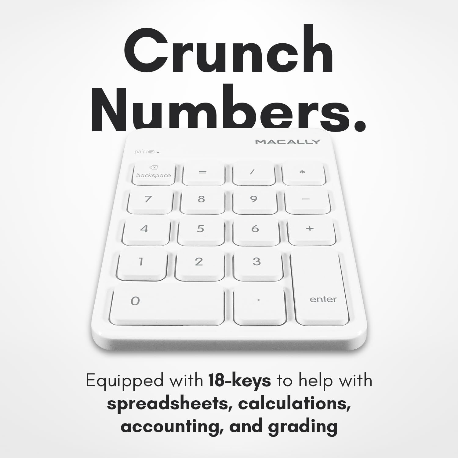 Macally Bluetooth Number Pad For Laptop  Apple  Mac  Imac  Macbook Pro/Air  Ipad  Windows Pc  Tablet  Or Desktop Computer - Rechargeable 18 Key Wireless Numeric Keypad - White Bluetooth 10 Key Numpad