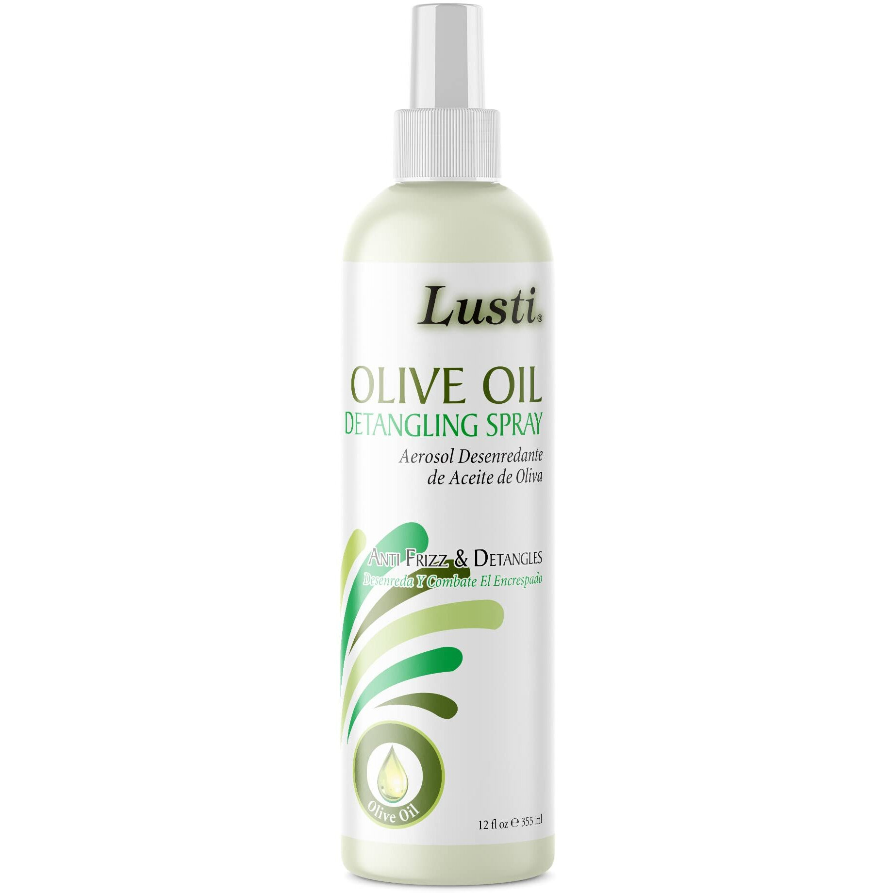 Lusti Olive Oil Detangling Spray  12 Fl Oz - Anti-Frizz - Strengthen Damaged Hair - Reducing Breakage - Enriched With Amino Proteins