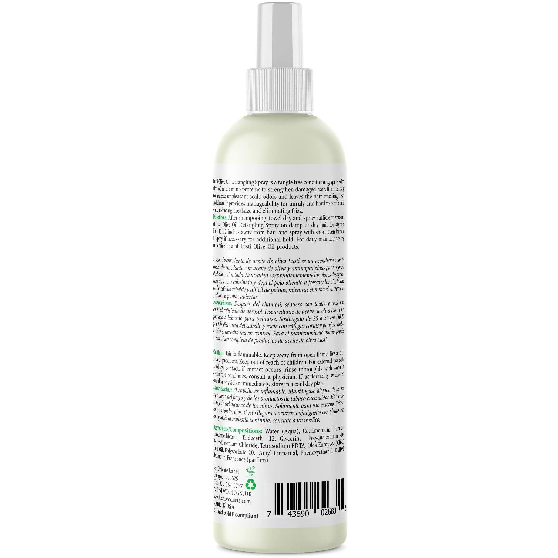 Lusti Olive Oil Detangling Spray  12 Fl Oz - Anti-Frizz - Strengthen Damaged Hair - Reducing Breakage - Enriched With Amino Proteins