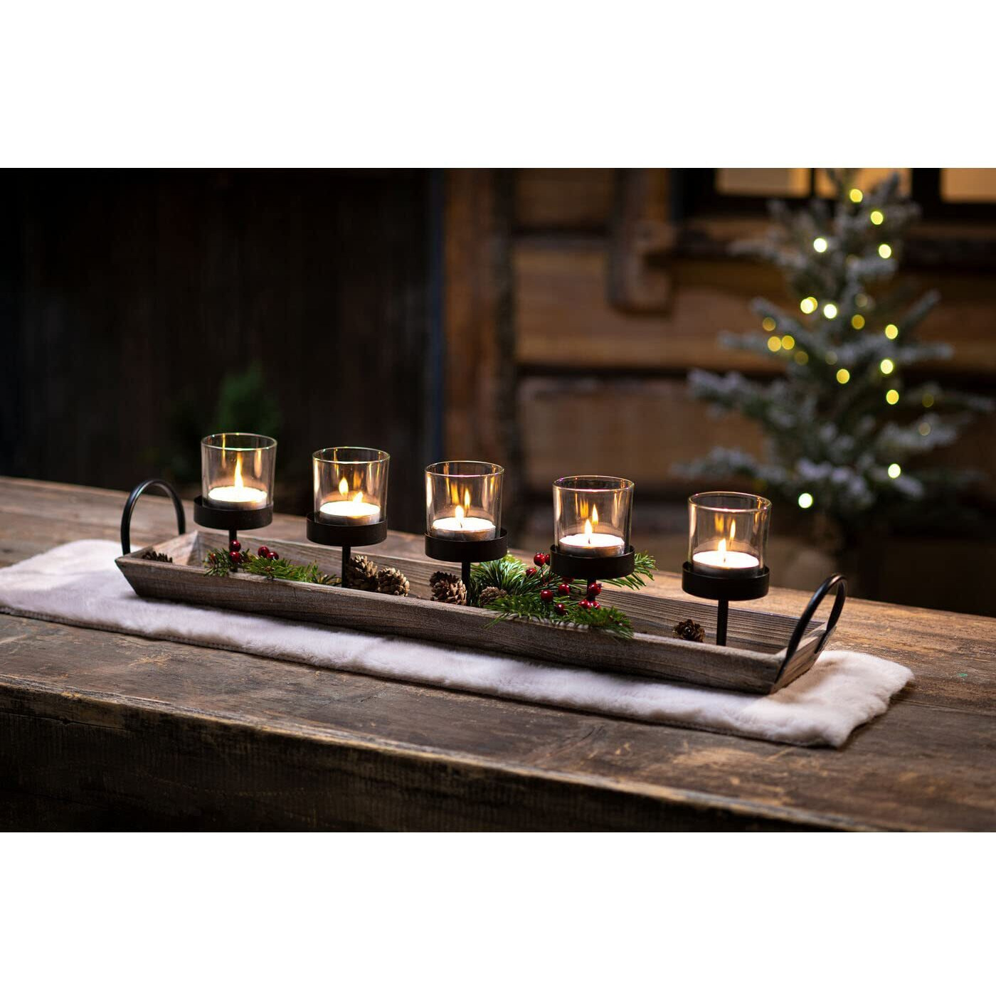 Westcharm Large 27.5 Inch 5-Pillar Glass Candle Holder Set Centerpiece With Rustic Wood Tray For Thanksgiving Holiday Table Mantel Home Decoration | Votive Candelabra For Dinner Table Fall DCor
