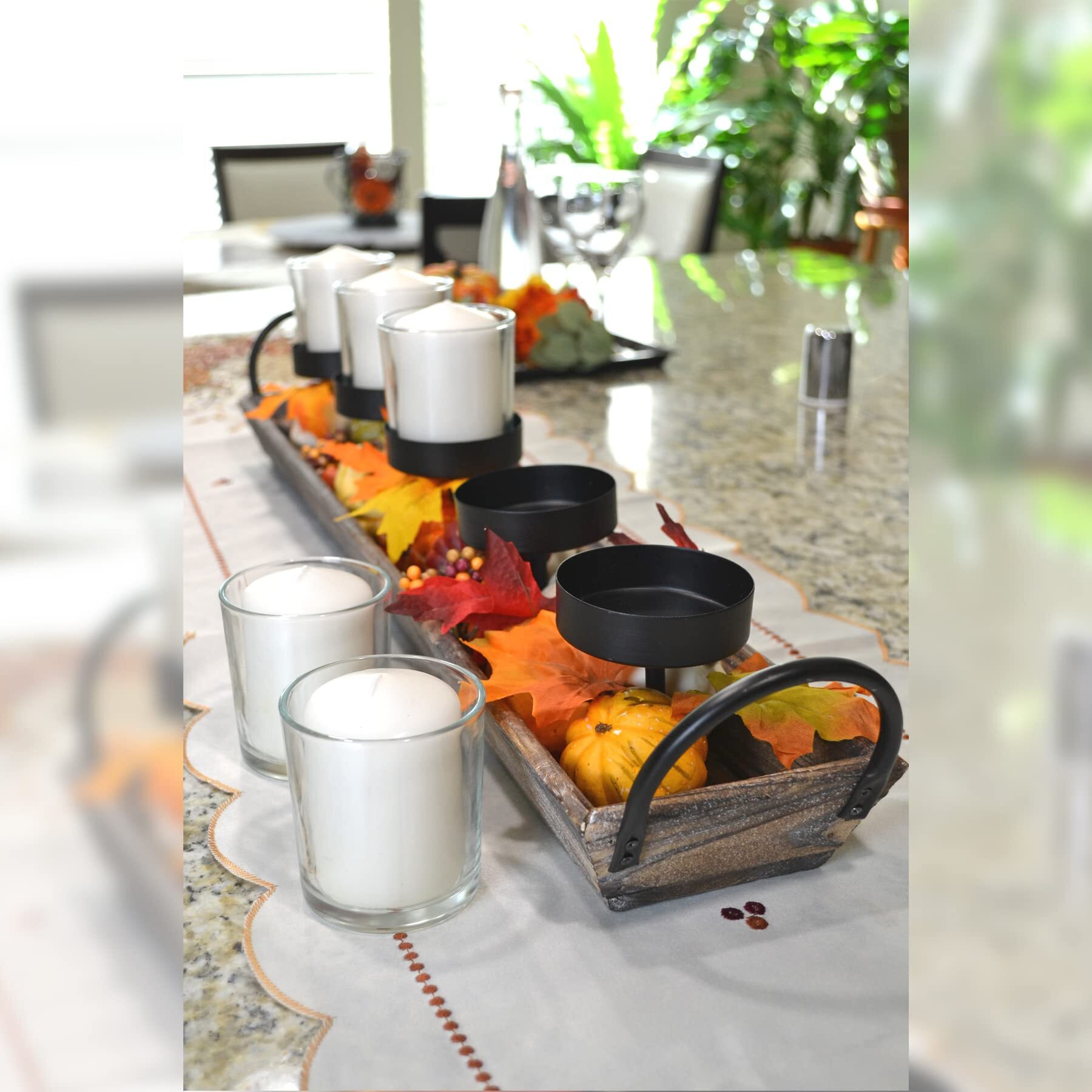 Westcharm Large 27.5 Inch 5-Pillar Glass Candle Holder Set Centerpiece With Rustic Wood Tray For Thanksgiving Holiday Table Mantel Home Decoration | Votive Candelabra For Dinner Table Fall DCor