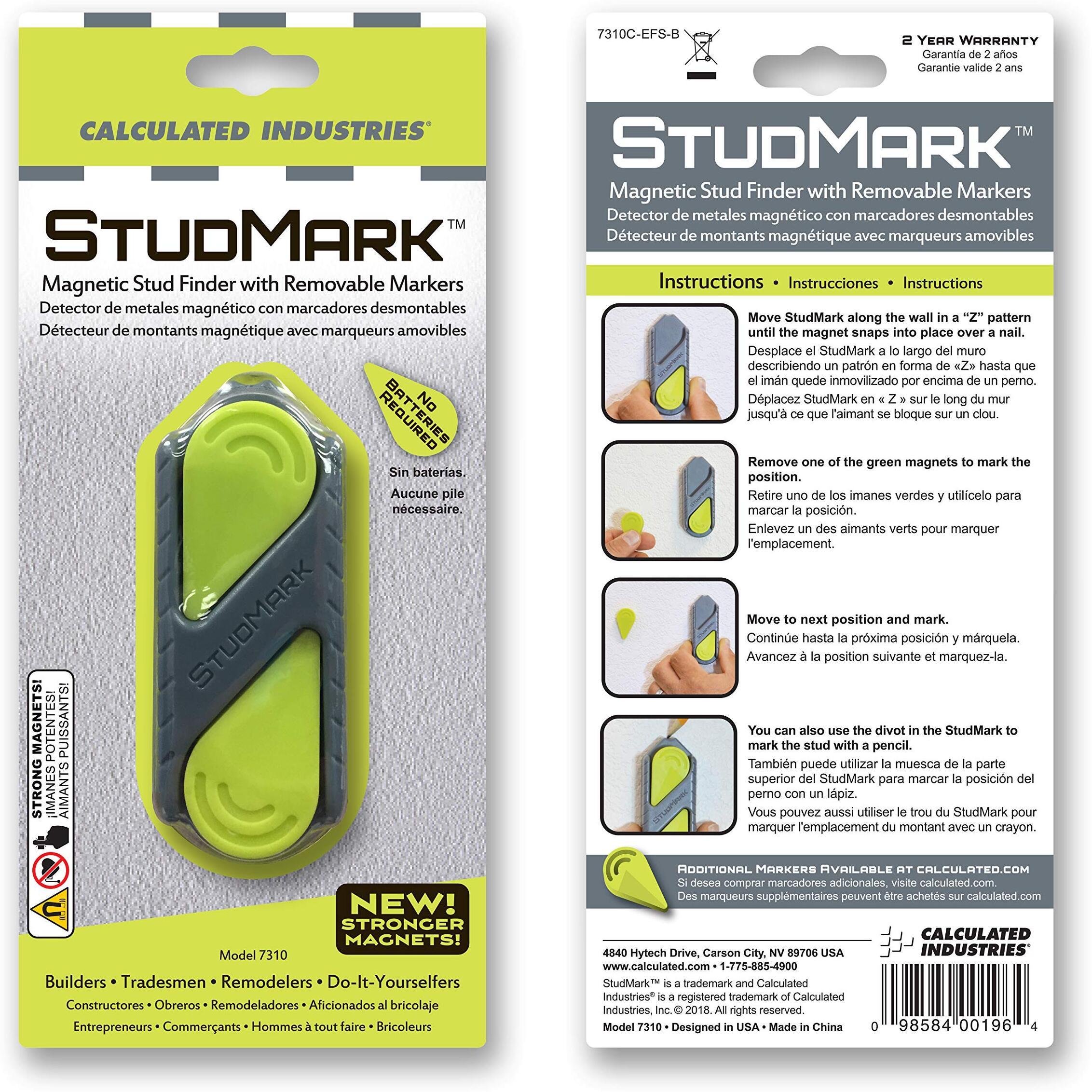 Calculated Industries 7310 Studmark Magnetic Stud Finder With 2 Removable Magnet Markers | Finds & Marks Up To 3 Stud Locations | Updated 2020 More Powerful Rare Earth Magnets  No Batteries Needed