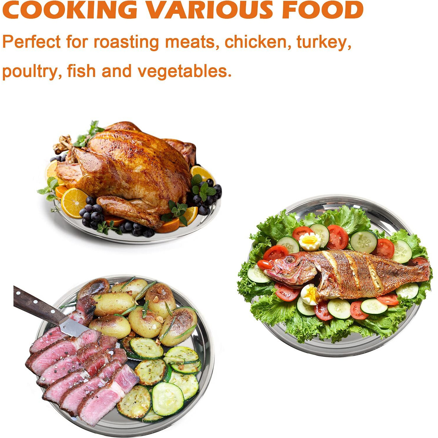 14 In Stainless Steel Roasting Pan  Stainless Steel Heavy Duty Kitchenware Round Roaster Pan Large Xlarge Big Green Egg Drip Pan For Turkey Baking Roast Chicken Brushed Surface & Dishwasher Safe