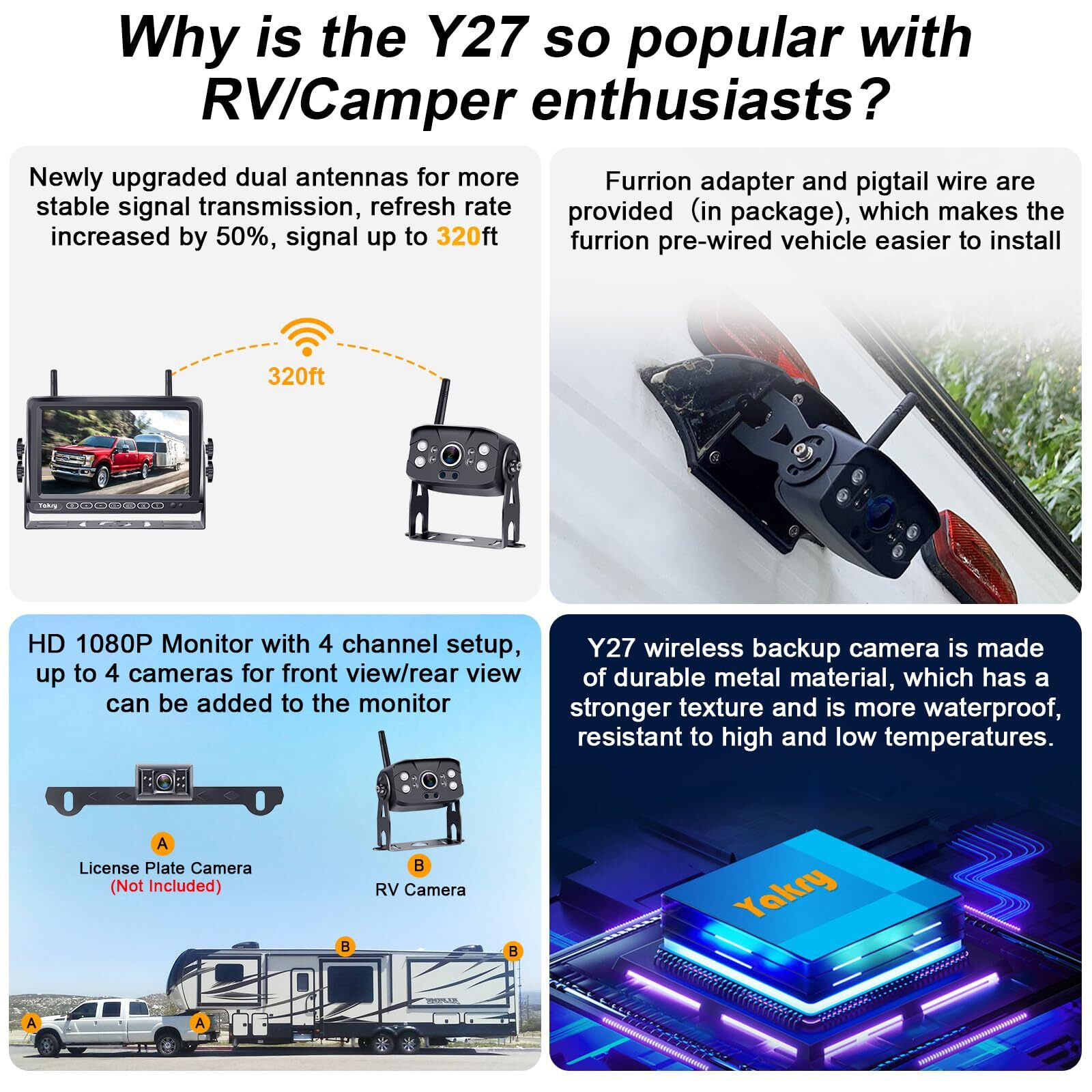 Rv Backup Camera Wireless Plug And Play Pre-Wired For Furrion System Recording Wide View Rear View Camera Clear Night Vision Hd 1080P 7'' Touch Key Monitor For Trailer Camper Motorhome Yakry Y27-N