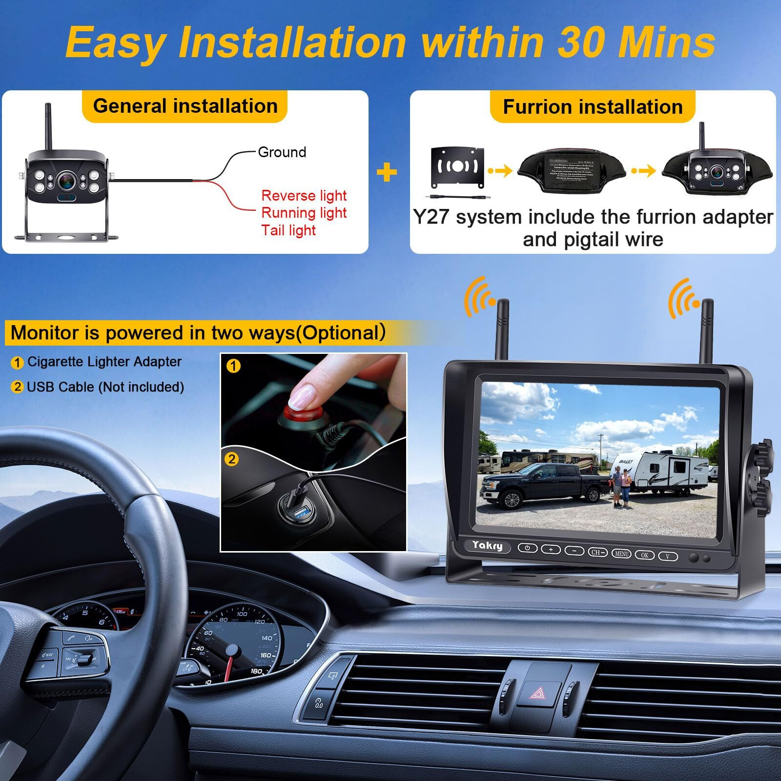 Rv Backup Camera Wireless Plug And Play Pre-Wired For Furrion System Recording Wide View Rear View Camera Clear Night Vision Hd 1080P 7'' Touch Key Monitor For Trailer Camper Motorhome Yakry Y27-N