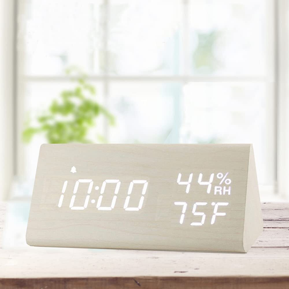 Jall Digital Alarm Clock  With Wooden Electronic Led Time Display  3 Alarm Settings  Humidity & Temperature Detect  Wood Made Electric Clocks For Bedroom  Bedside  Desk  White
