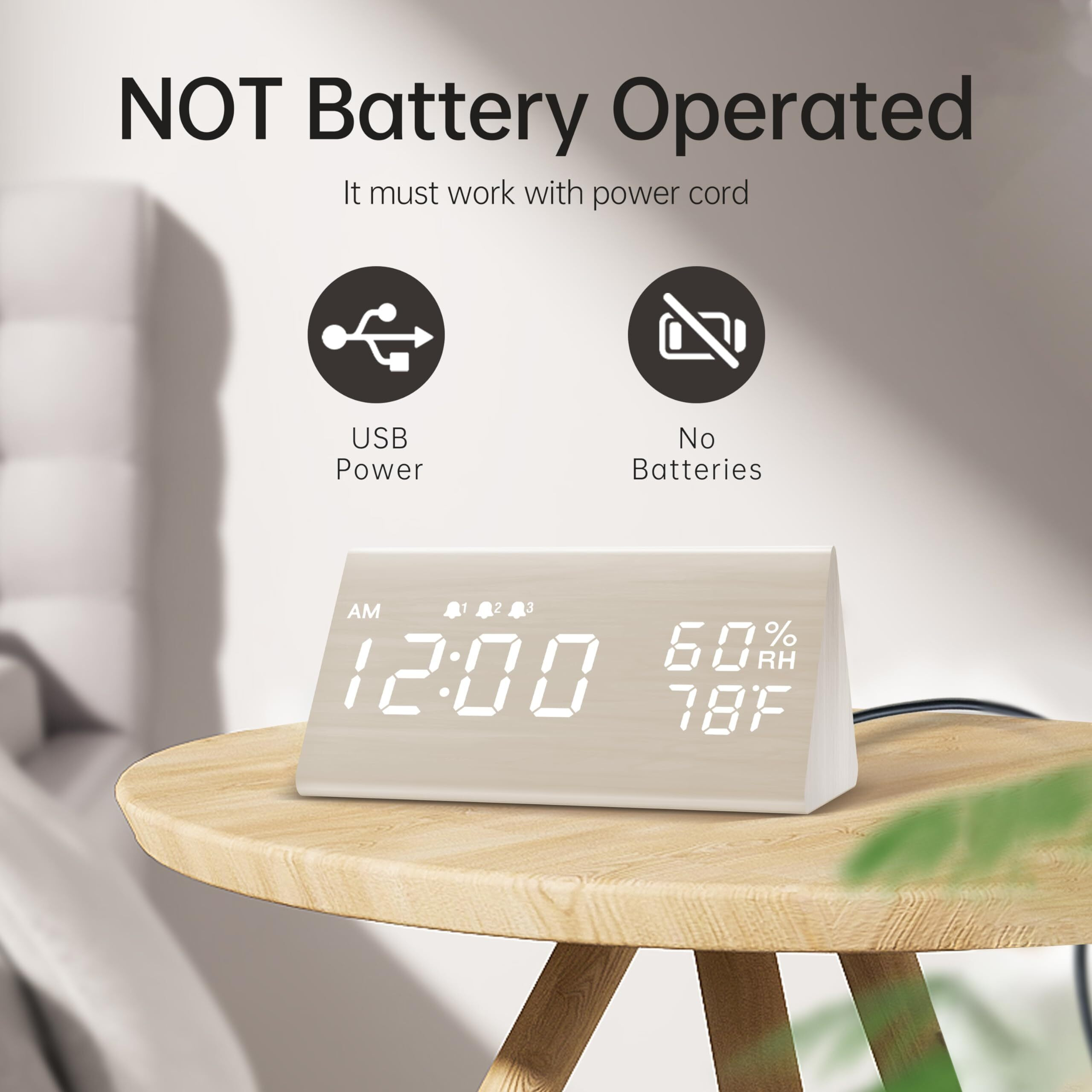 Jall Digital Alarm Clock  With Wooden Electronic Led Time Display  3 Alarm Settings  Humidity & Temperature Detect  Wood Made Electric Clocks For Bedroom  Bedside  Desk  White