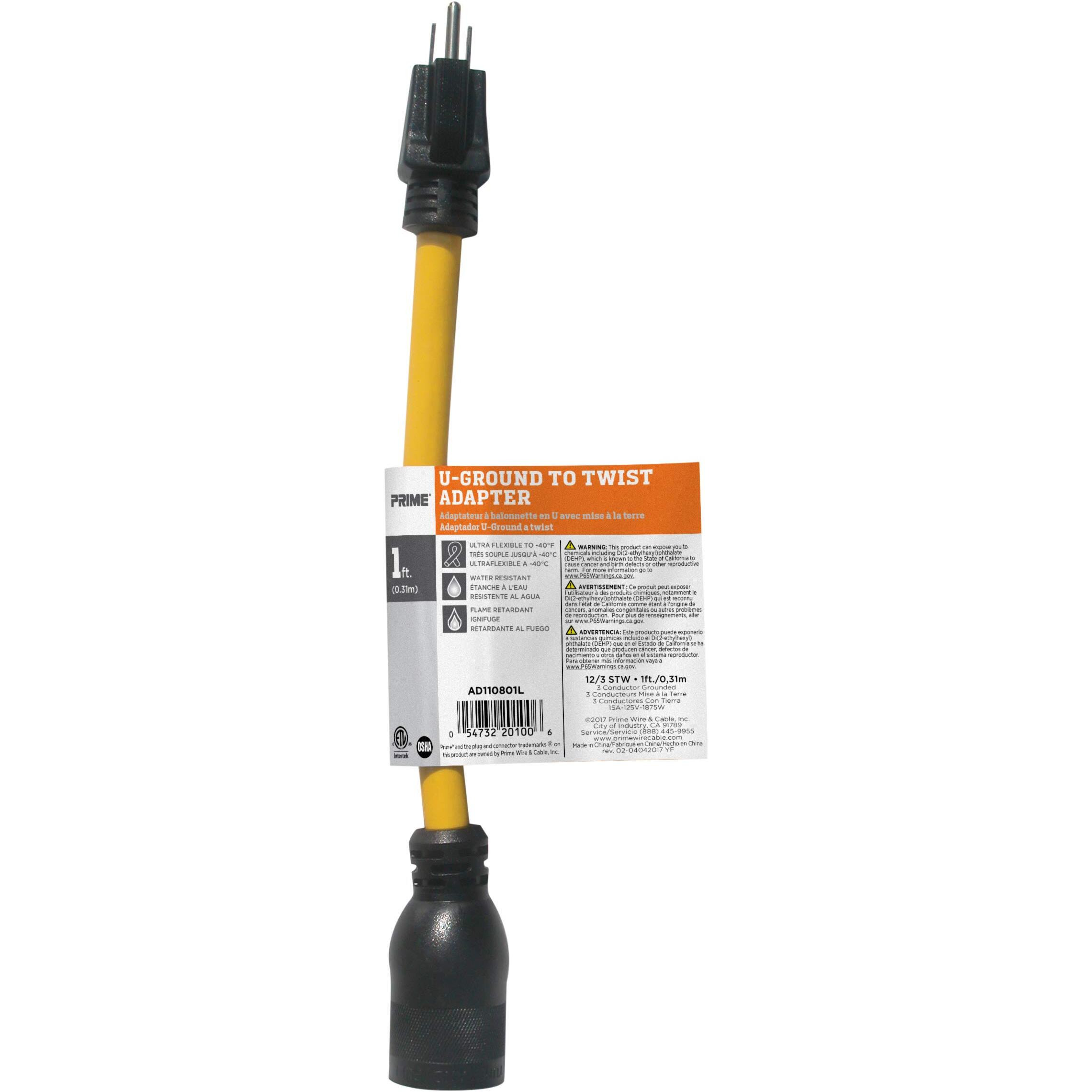Primead110801L 1-Feet 12/3 Stow U-Ground To Twist Adapter  Yellow