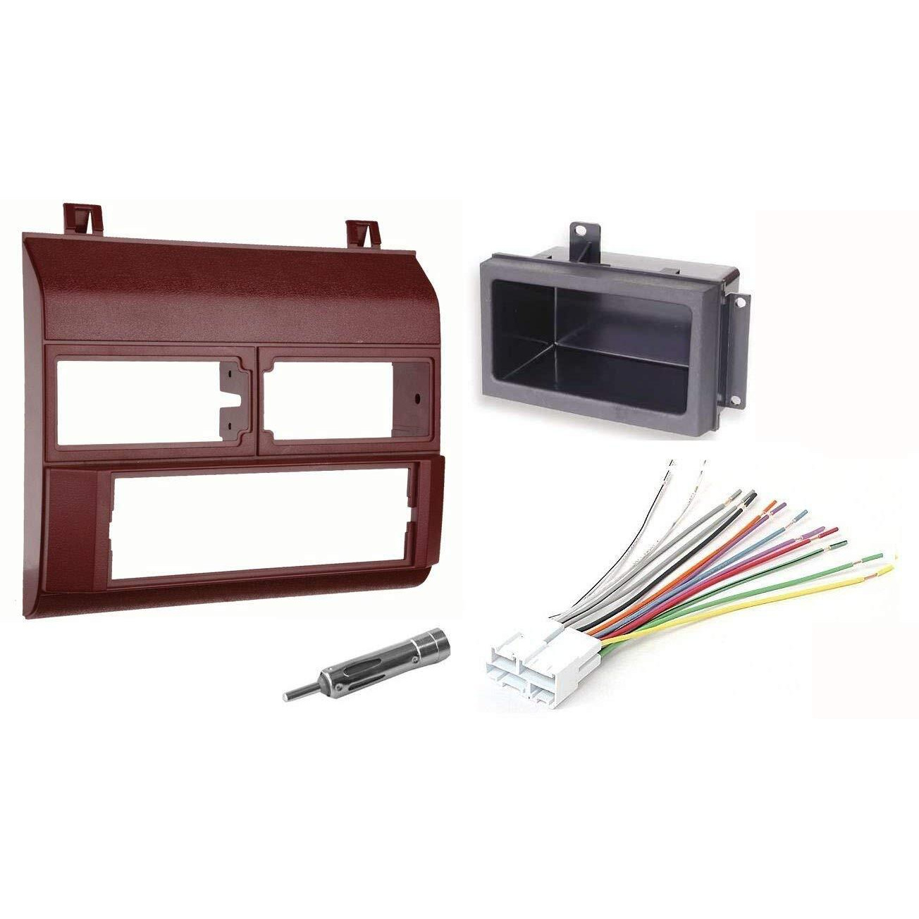Red Complete Single Din Dash Kit + Pocket Kit + Wire Harness + Antenna Adapter Compatible With Chevrolet & Gmc 1988-1996