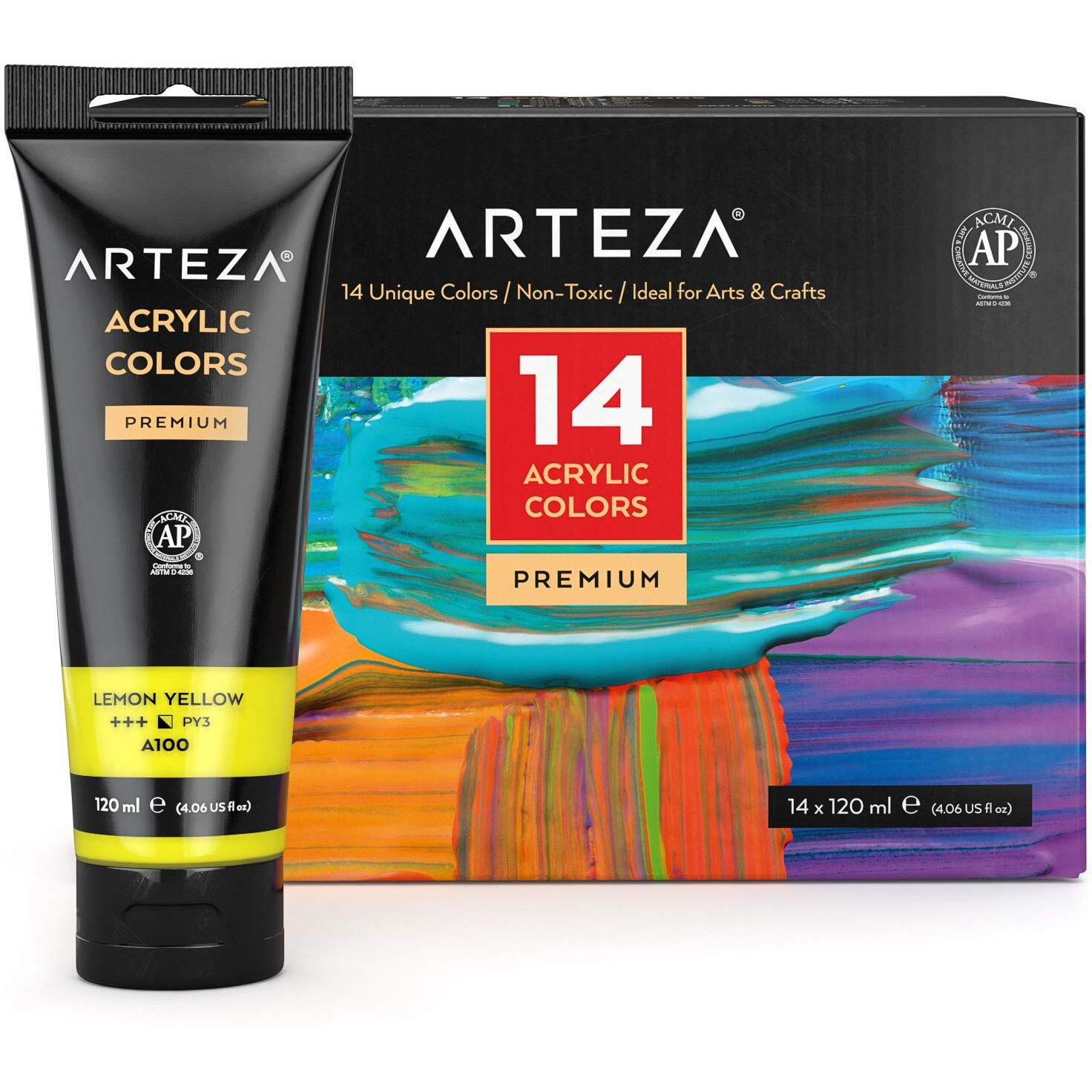 Arteza Acrylic Paint Set Of 14 Colors  4.06 Ounce Tubes  Non-Toxic Acrylic Artist Paints. Art Supplies For Painting
