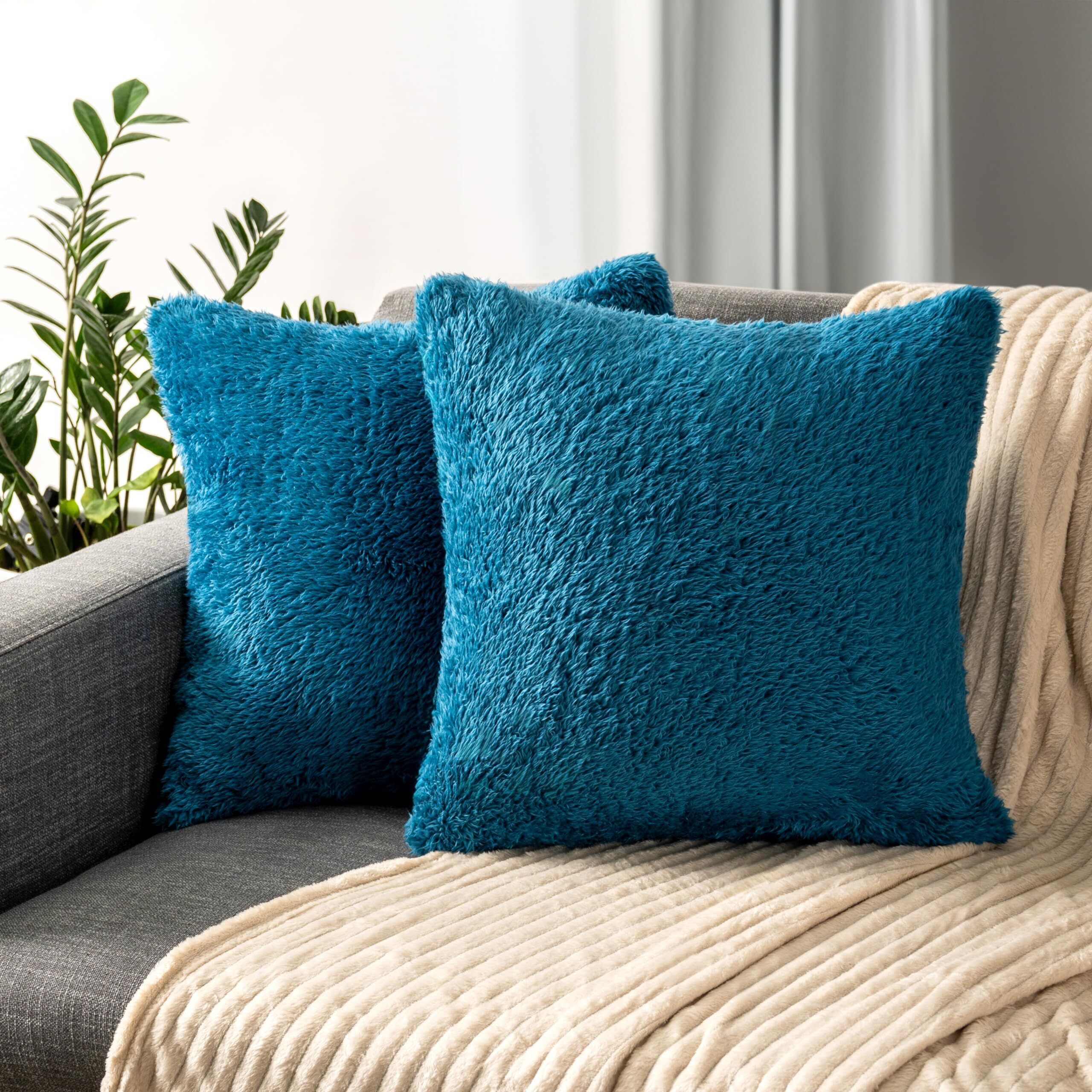 Pavilia Fluffy Teal Blue Throw Pillow Covers  Decorative Accent Pillow Cases For Bed Sofa Couch  Soft Faux Fur Cushion Cover  Square Sherpa Pillowcases  Home Room Decor  Teal  18X18 Set Of 2