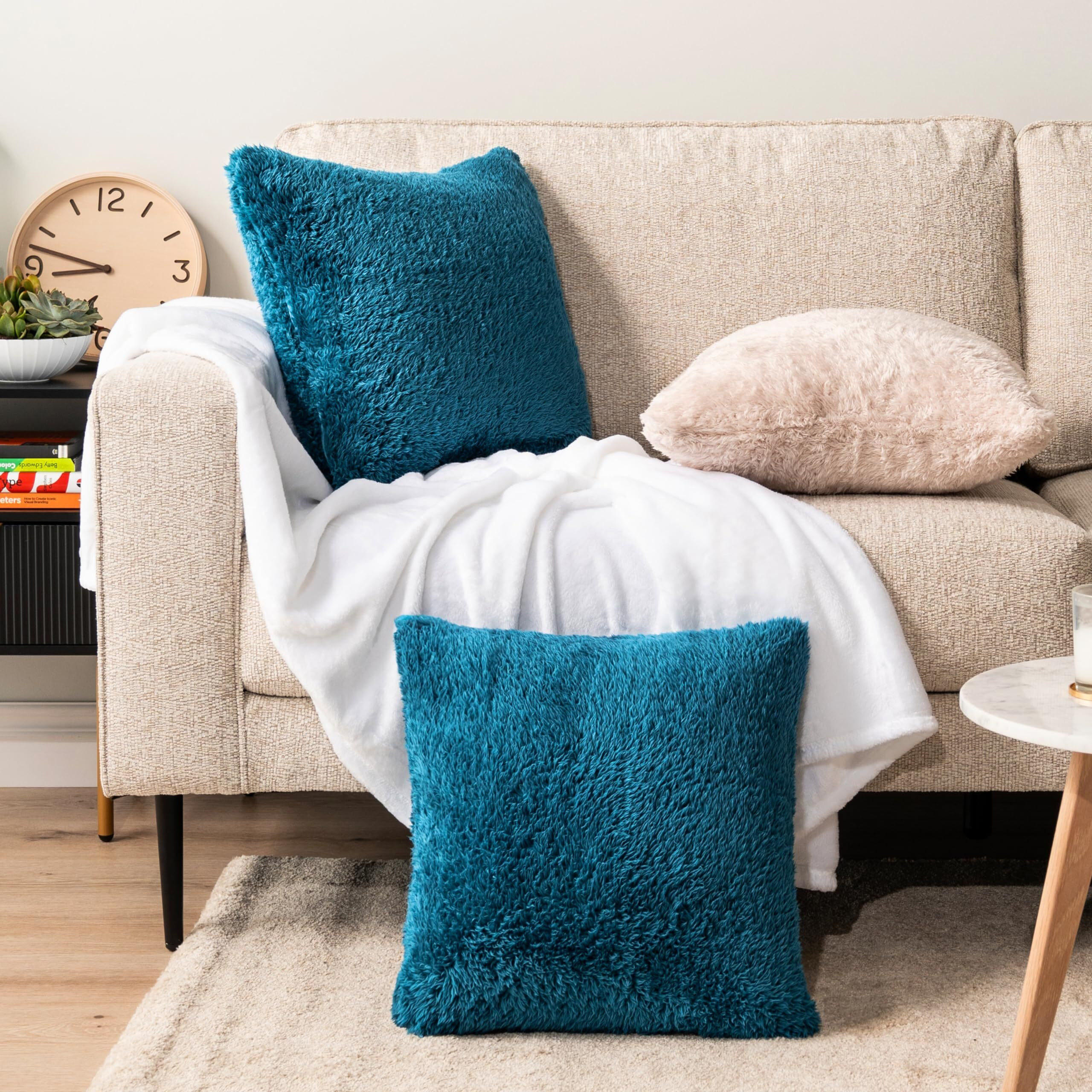 Pavilia Fluffy Teal Blue Throw Pillow Covers  Decorative Accent Pillow Cases For Bed Sofa Couch  Soft Faux Fur Cushion Cover  Square Sherpa Pillowcases  Home Room Decor  Teal  18X18 Set Of 2
