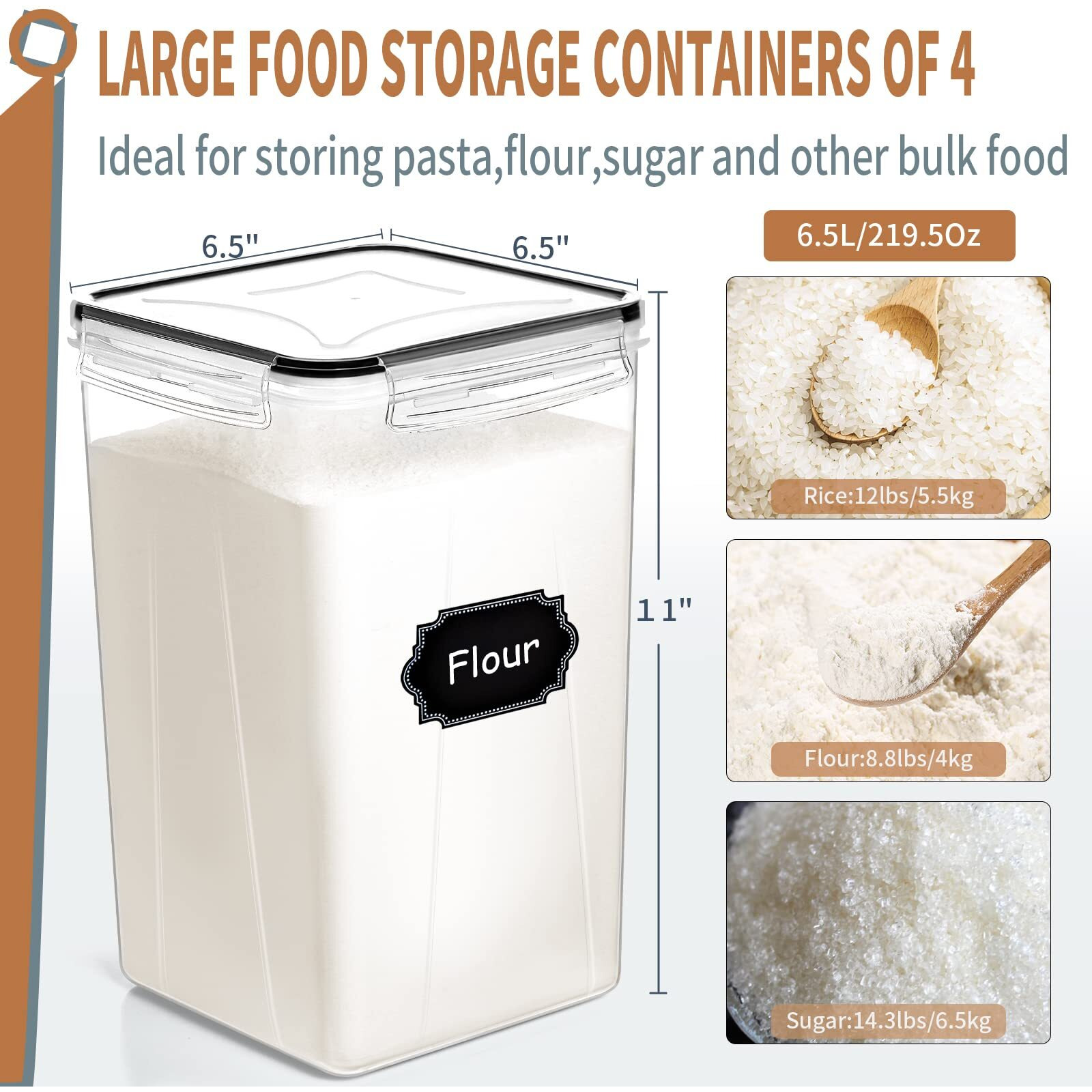 Praki Extra Large Tall Airtight Food Storage Containers 6.5L / 220Oz  Bpa Free  4Pcs Pantry Kitchen Organizers And Storage For Flour  Sugar  Plastic Flour Container With 20 Labels & Maker