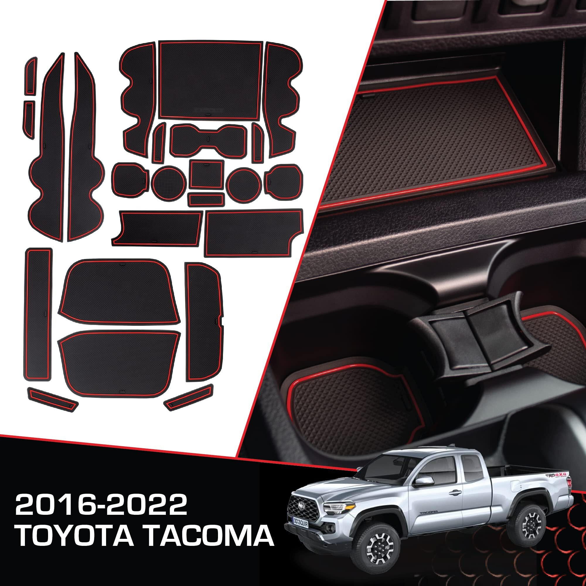 Cupholderhero Fits Toyota Tacoma Accessories 2016-2023 Premium Custom Interior Non-Slip Anti Dust Cup Holder Inserts  Center Console Liner Mats  Door Pocket Liners 19Pc Set (Double Cab) (Red Trim)