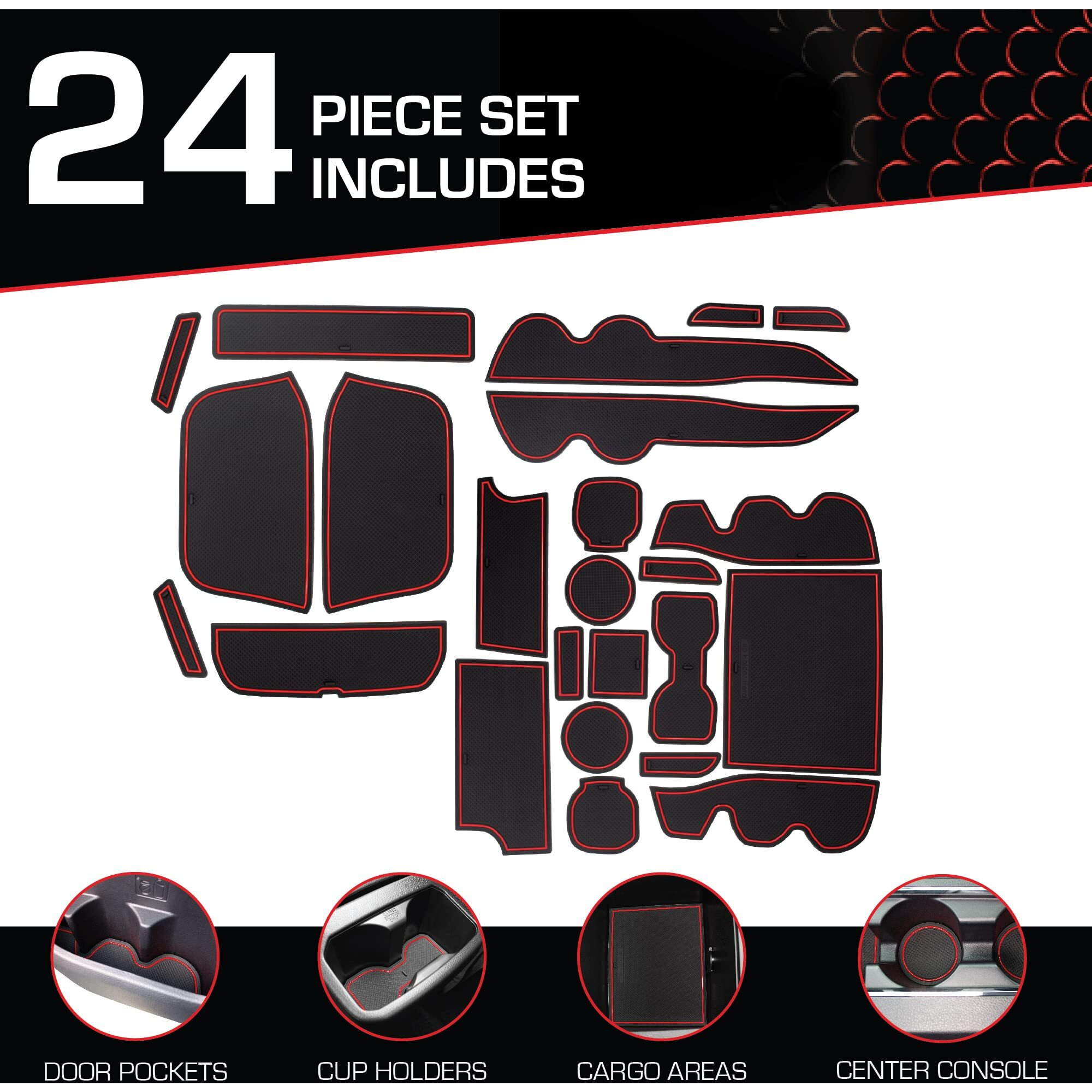 Cupholderhero Fits Toyota Tacoma Accessories 2016-2023 Premium Custom Interior Non-Slip Anti Dust Cup Holder Inserts  Center Console Liner Mats  Door Pocket Liners 19Pc Set (Double Cab) (Red Trim)