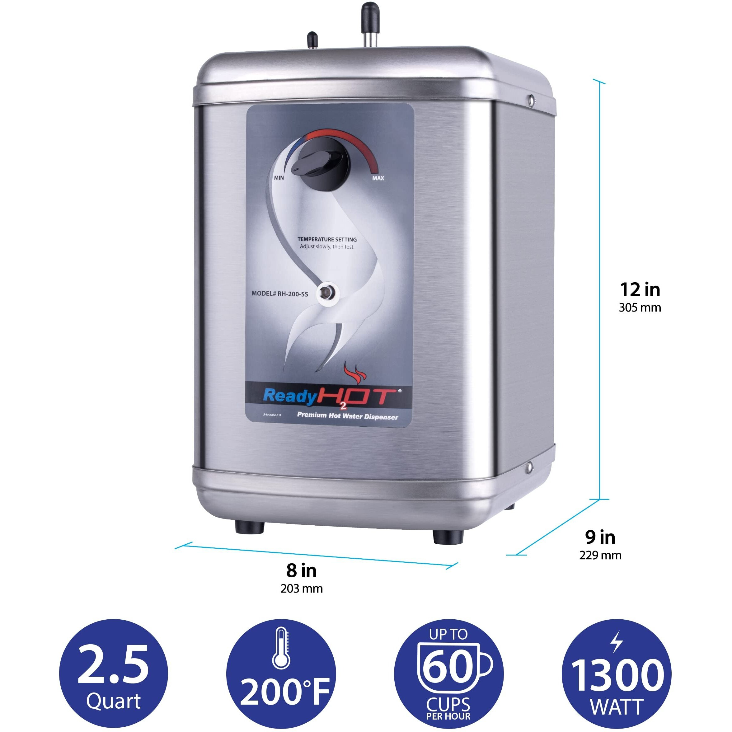 Ready Hot 40-Rh-200-Ss Instant Hot Water Dispenser System  2.5 Quarts Manual Dial Tank Only  Stainless Steel
