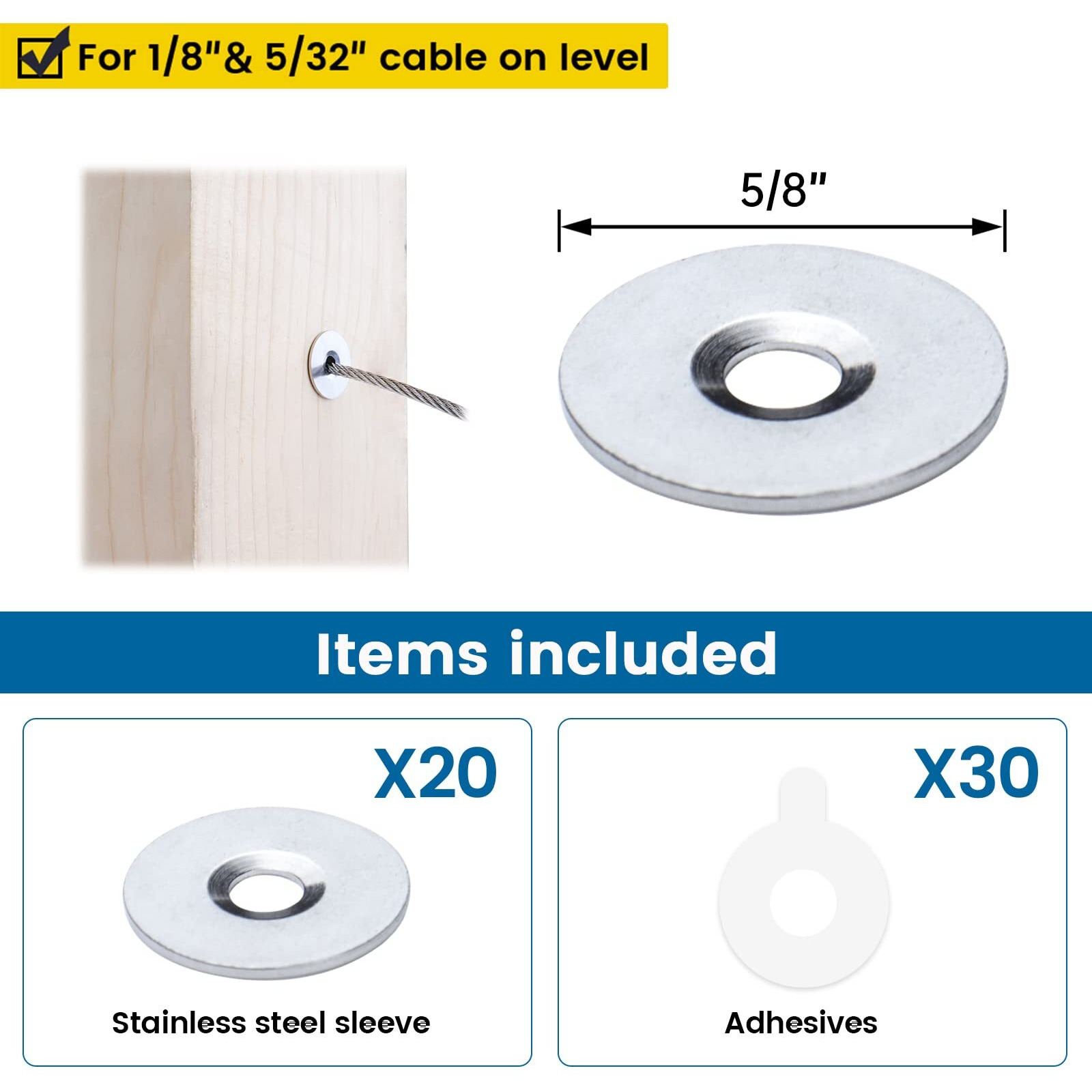 Muzata 20 Pack Cable Railing Kit Protector Sleeve Adhesive Grommet Protective For 1/8"" 5/32"" Wire Rope Wood Metal Posts Deck Stair Railing T316 Stainless Steel Cable Railing Hardware Cr66 Cp2