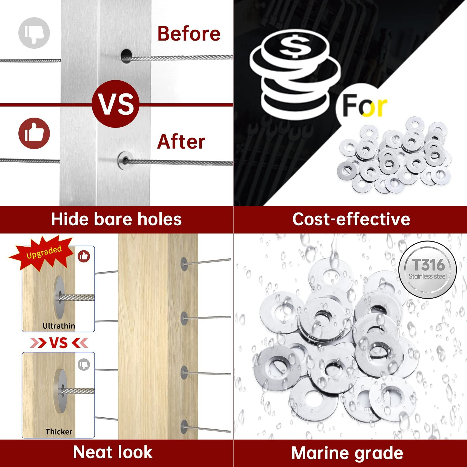 Muzata 20 Pack Cable Railing Kit Protector Sleeve Adhesive Grommet Protective For 1/8"" 5/32"" Wire Rope Wood Metal Posts Deck Stair Railing T316 Stainless Steel Cable Railing Hardware Cr66 Cp2