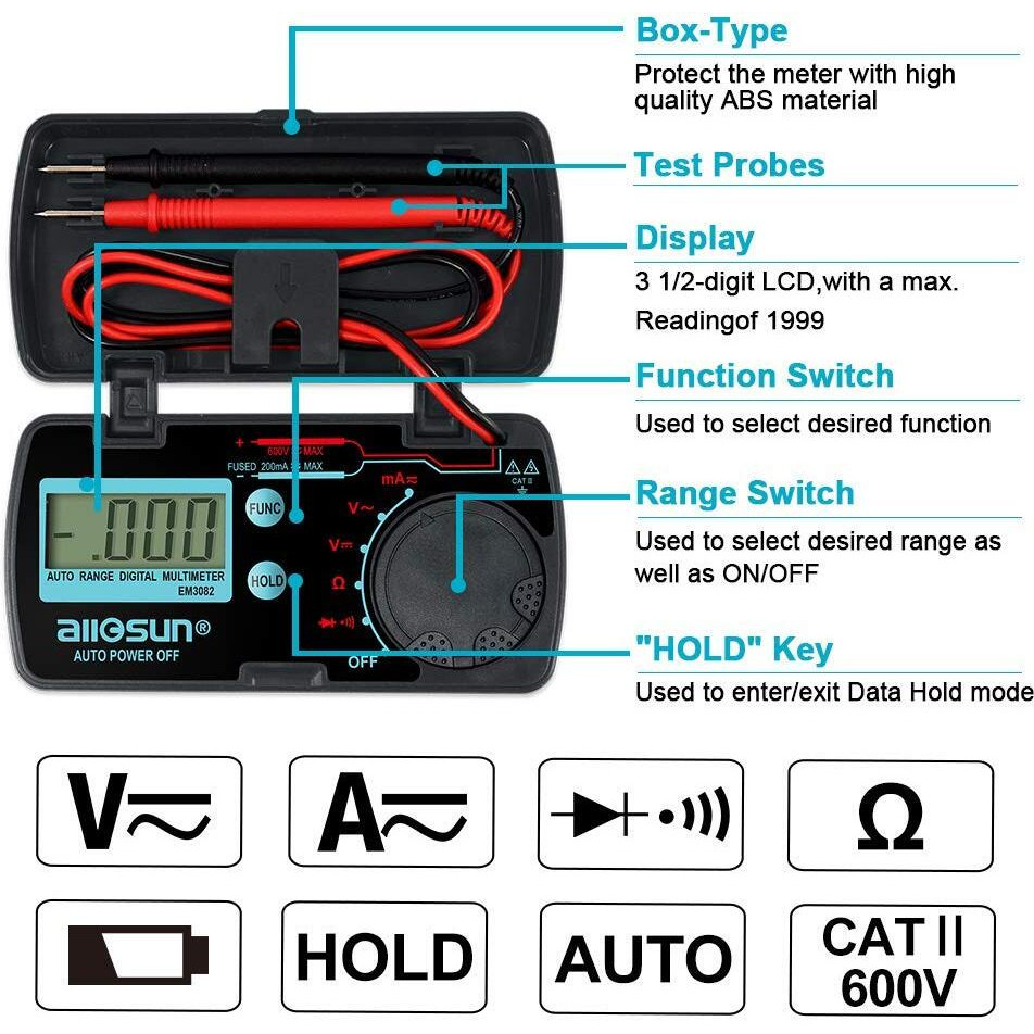 Allosun Pocket Size Compact Digital Multimeter Auto Range Multi Continuity Tester (Em3082 (Auto Range))
