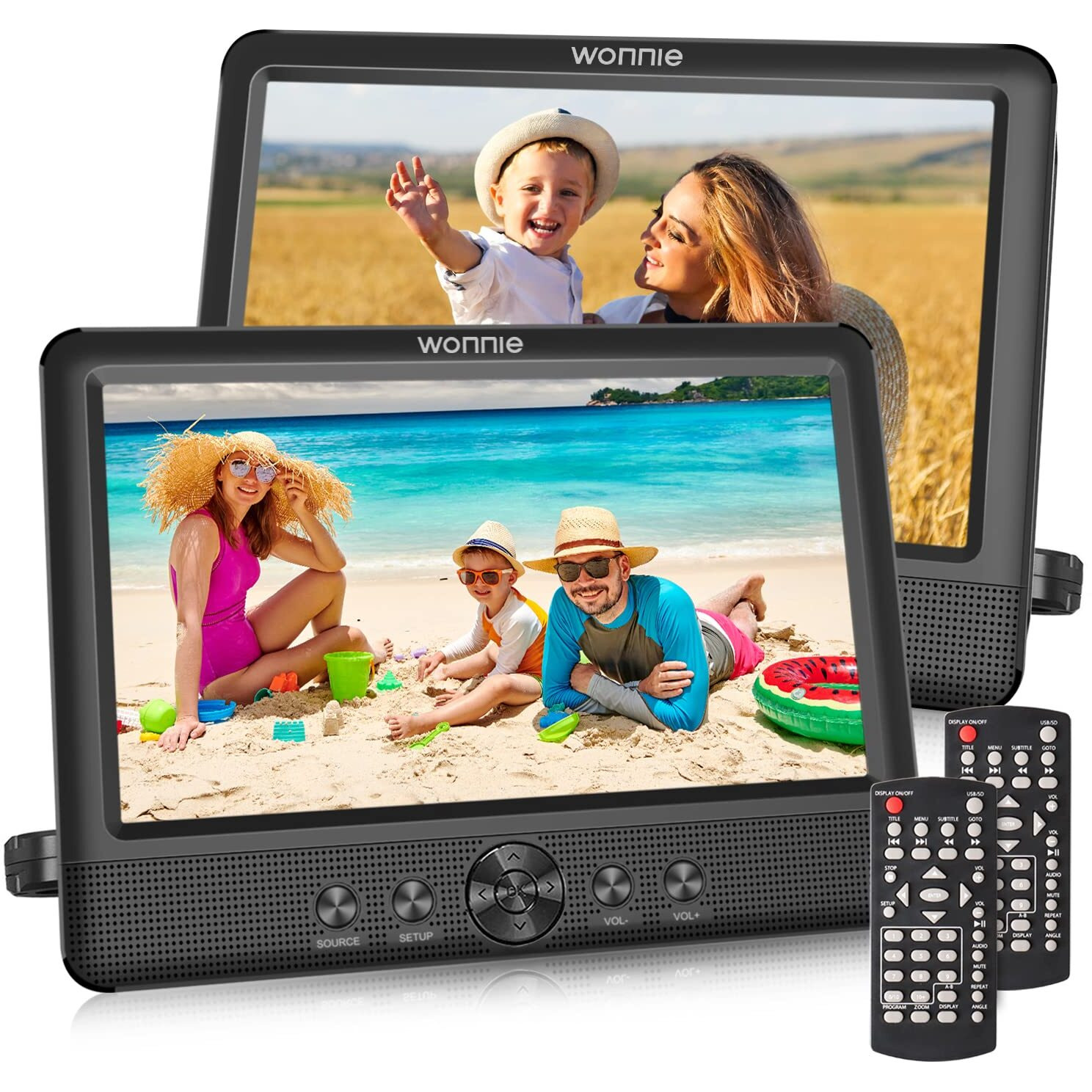 Wonnie 10.5"" Two Dvd Players Dual Screen For Car Portable Cd Player  Play A Same Or Two Different Movies With Two Mounting Brackets  5-Hour Rechargeable Battery  Support Usb/Sd Card Reader