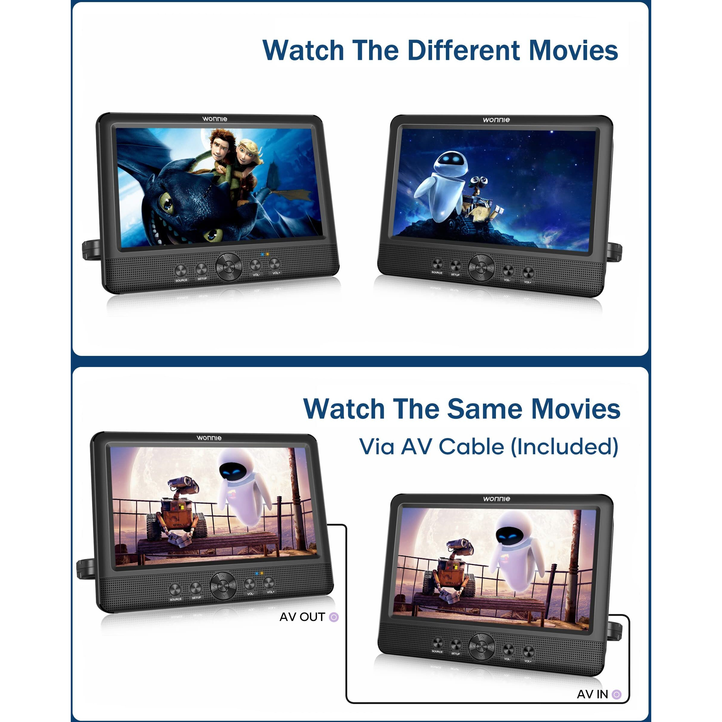 Wonnie 10.5"" Two Dvd Players Dual Screen For Car Portable Cd Player  Play A Same Or Two Different Movies With Two Mounting Brackets  5-Hour Rechargeable Battery  Support Usb/Sd Card Reader