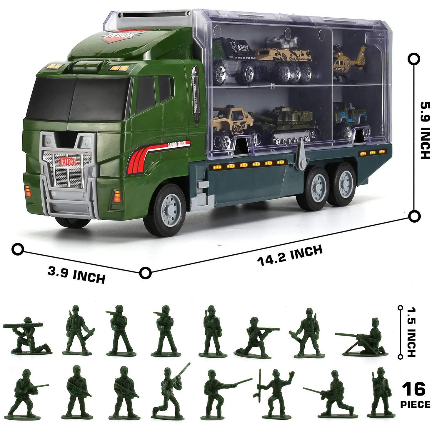 26 Pcs Military Truck With Soldier Men Set(2 In 1)  Mini Die-Cast Battle Car In Carrier Truck  Army Toy Double Side Transport Vehicle For Kid Child Girl Boy Play Birthday Party Favors
