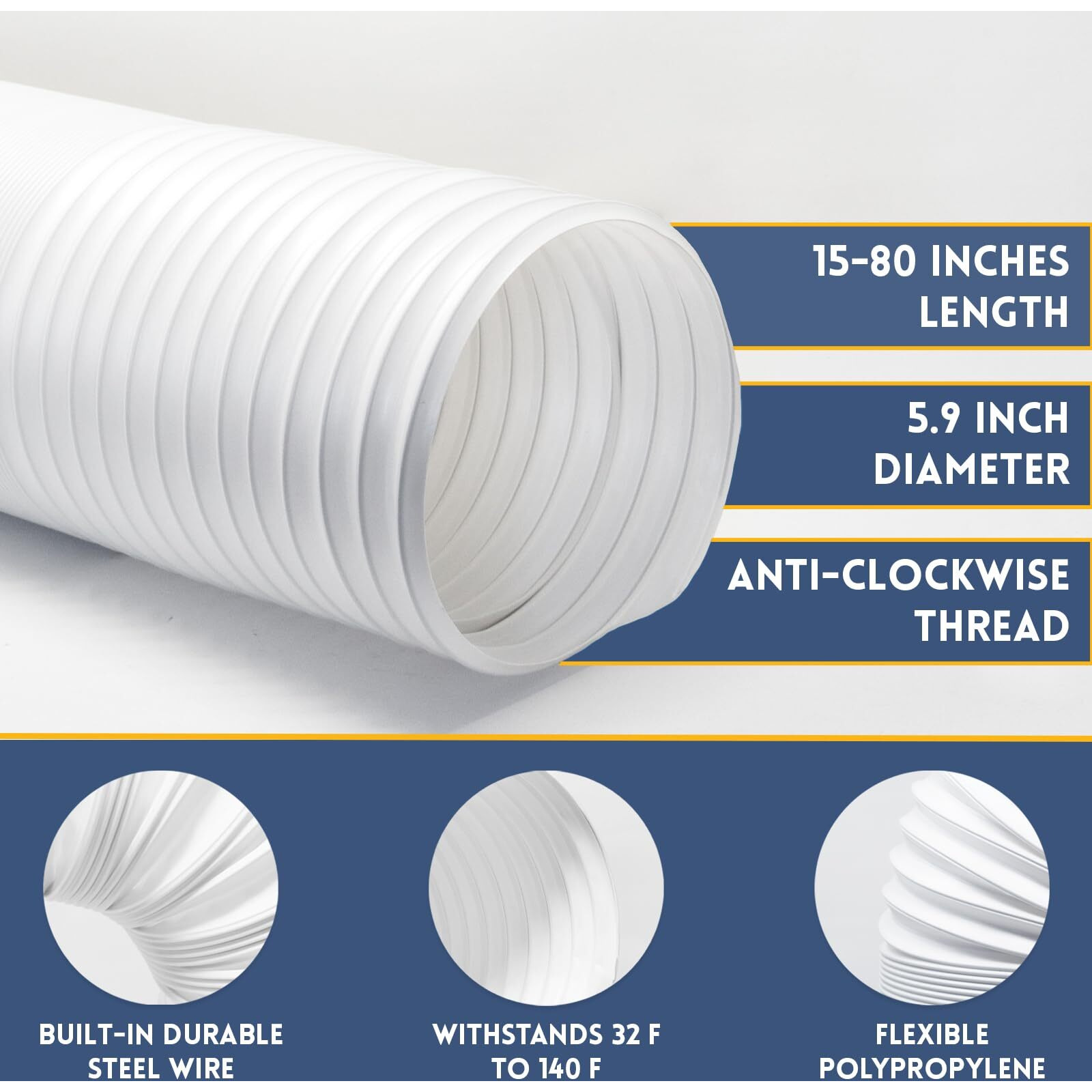 Portable Air Conditioner Hose - Ac Hose With 5.9"" Diameter  Anti-Clockwise Thread  Length Up To 80"" - Exhaust Hose For Portable Air Conditioner Vent Compatible With Delonghi & Lg Air Conditioner Parts